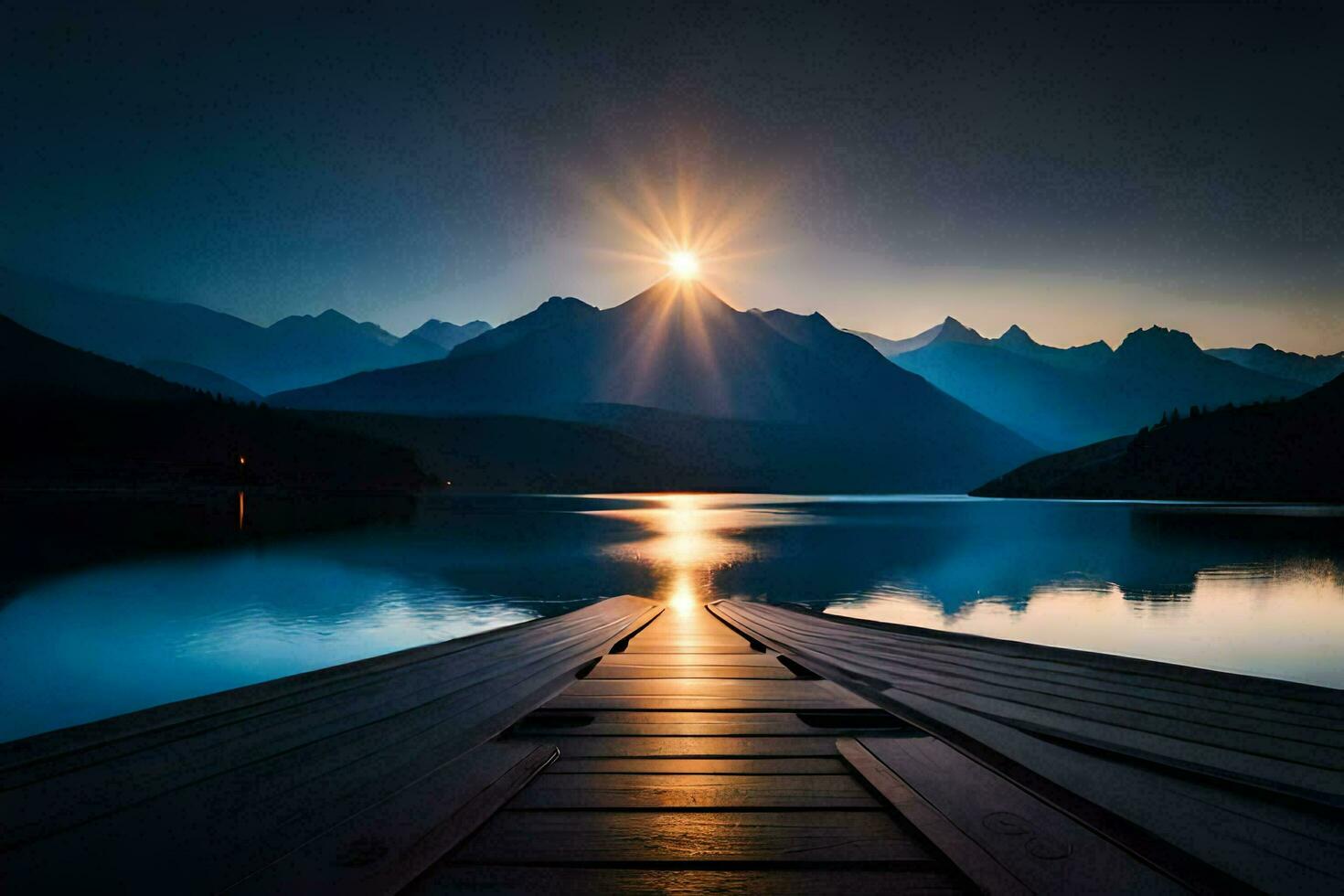 un de madera muelle en frente de un montaña lago a puesta de sol. generado por ai foto