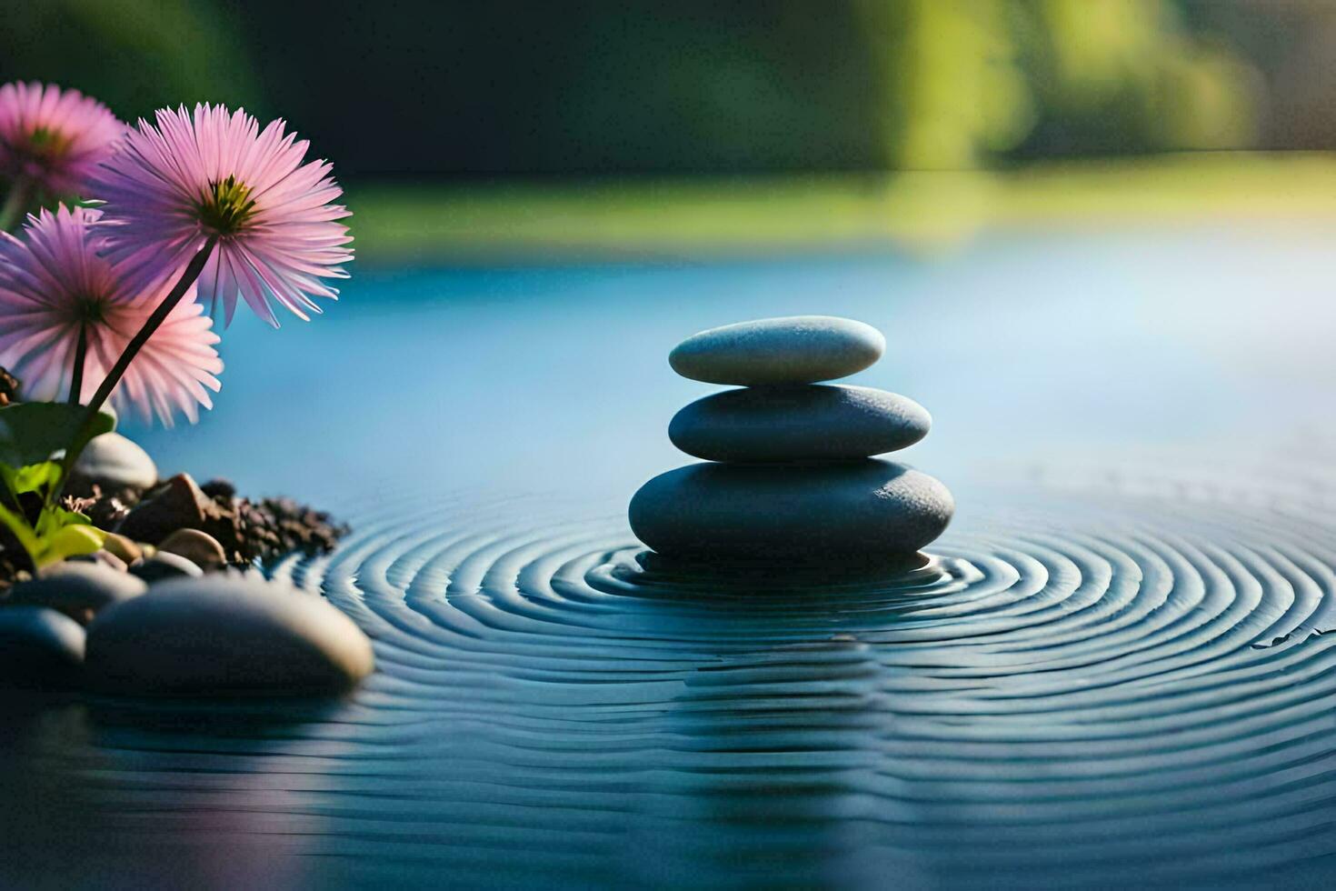 zen garden with stones and flowers. AI-Generated photo