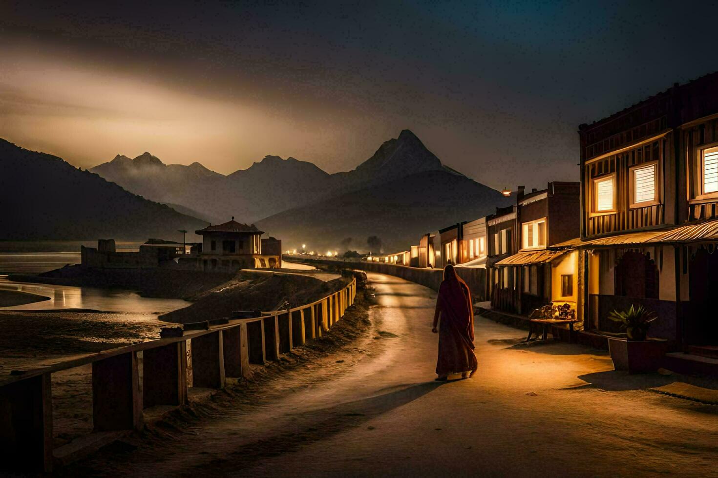a woman walks down a road at night with mountains in the background. AI-Generated photo
