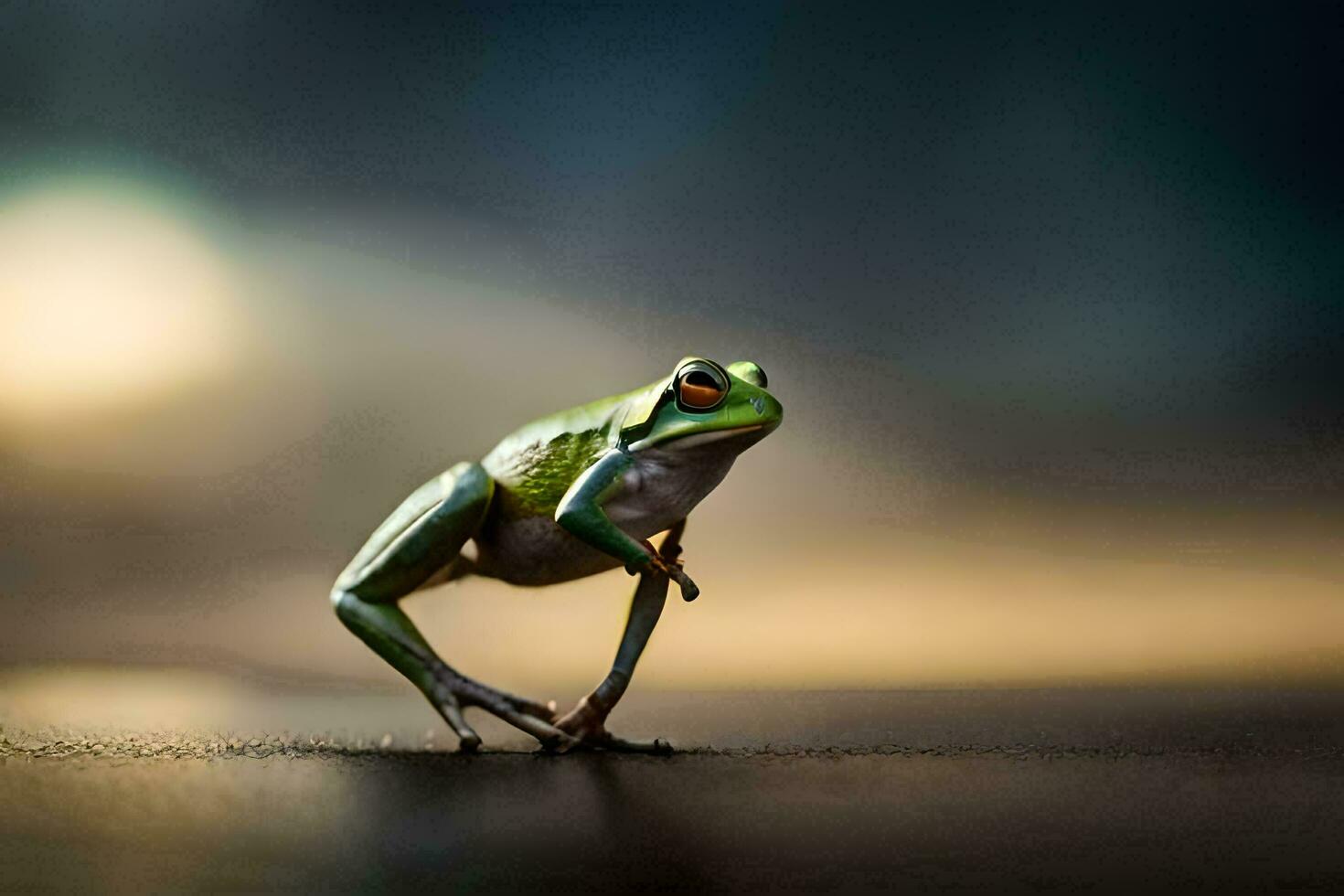 a frog is standing on its hind legs. AI-Generated photo