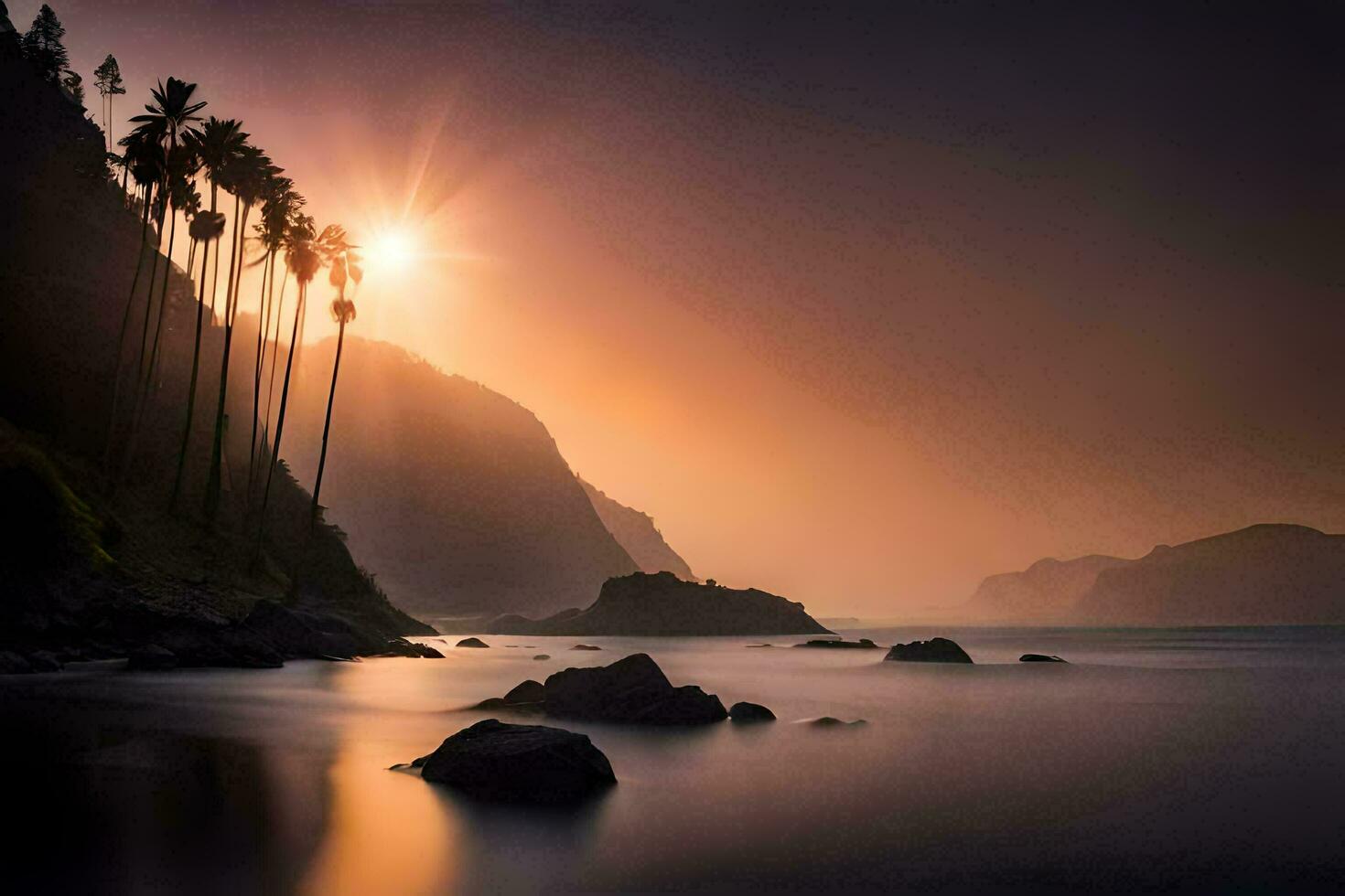 the sun sets over the ocean and some palm trees. AI-Generated photo