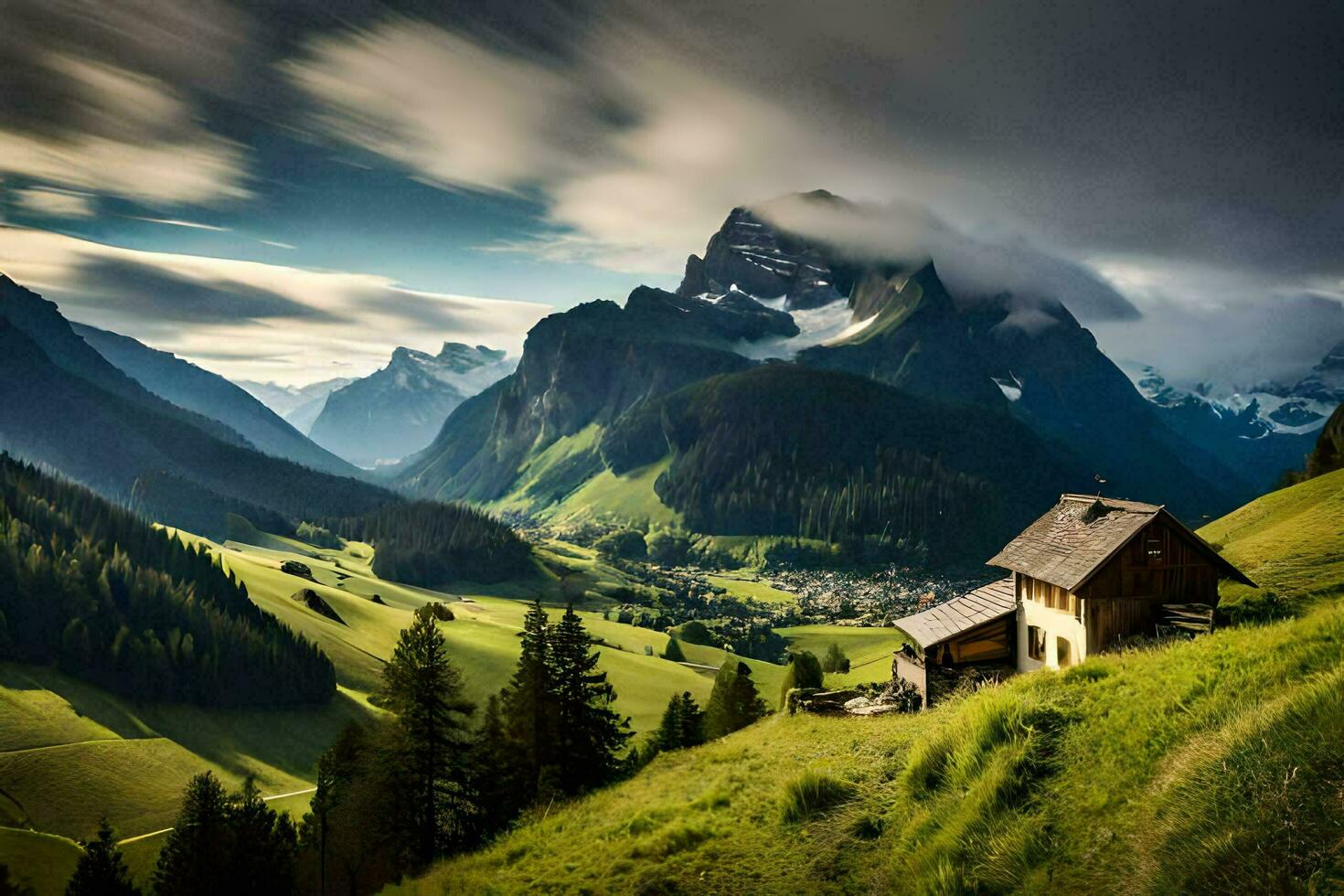 a house in the mountains with a cloudy sky. AI-Generated photo