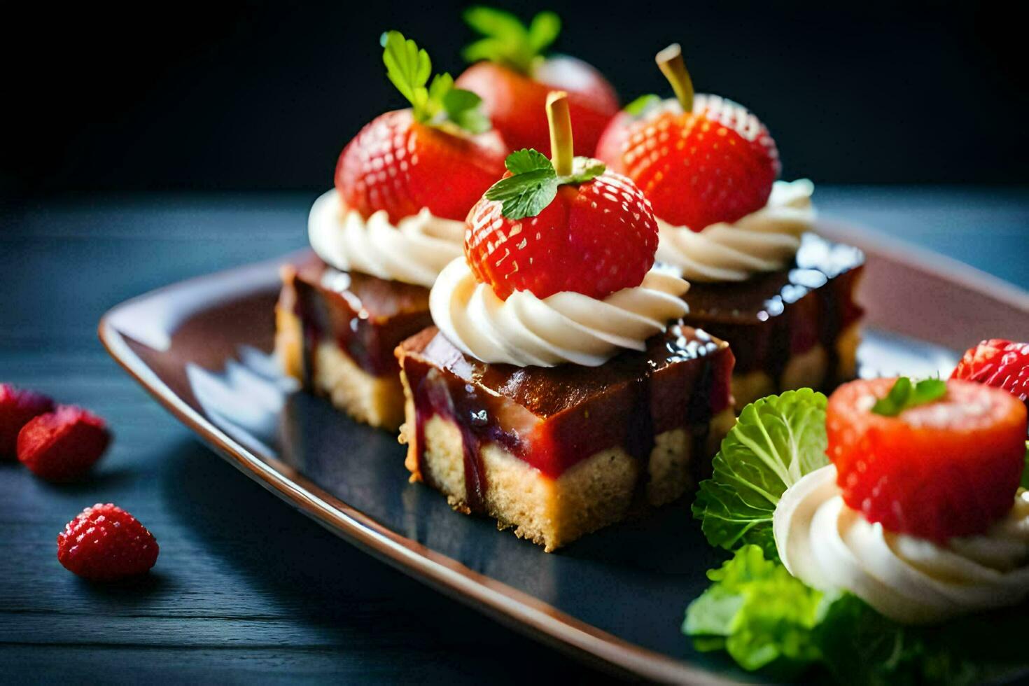 un plato con postre y fresas generado por ai foto