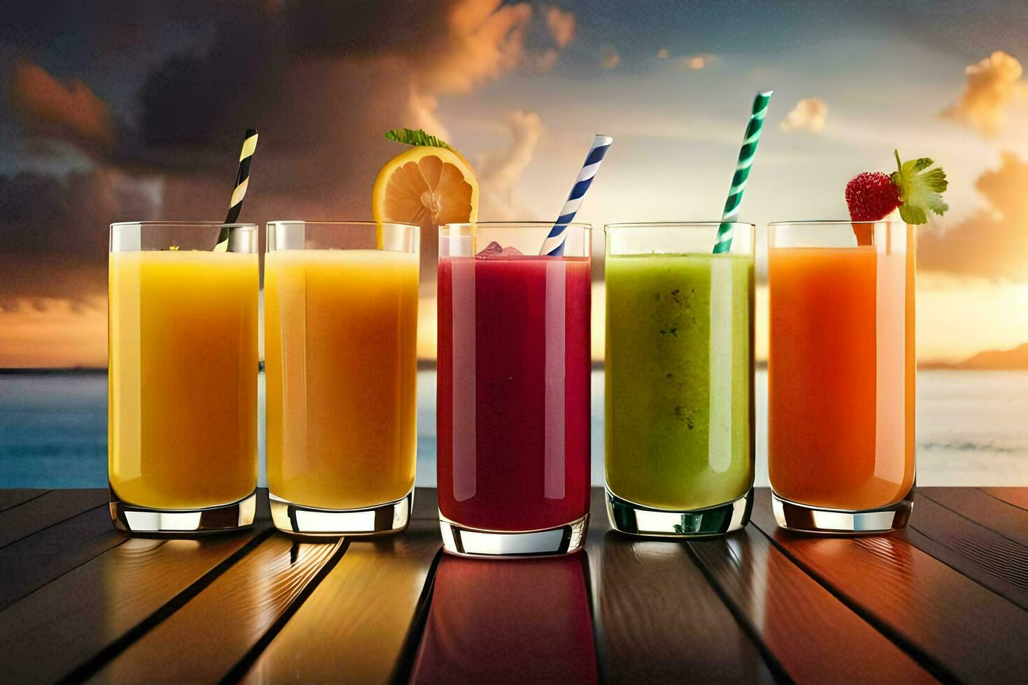 five different types of juices are lined up on a table. AIGenerated