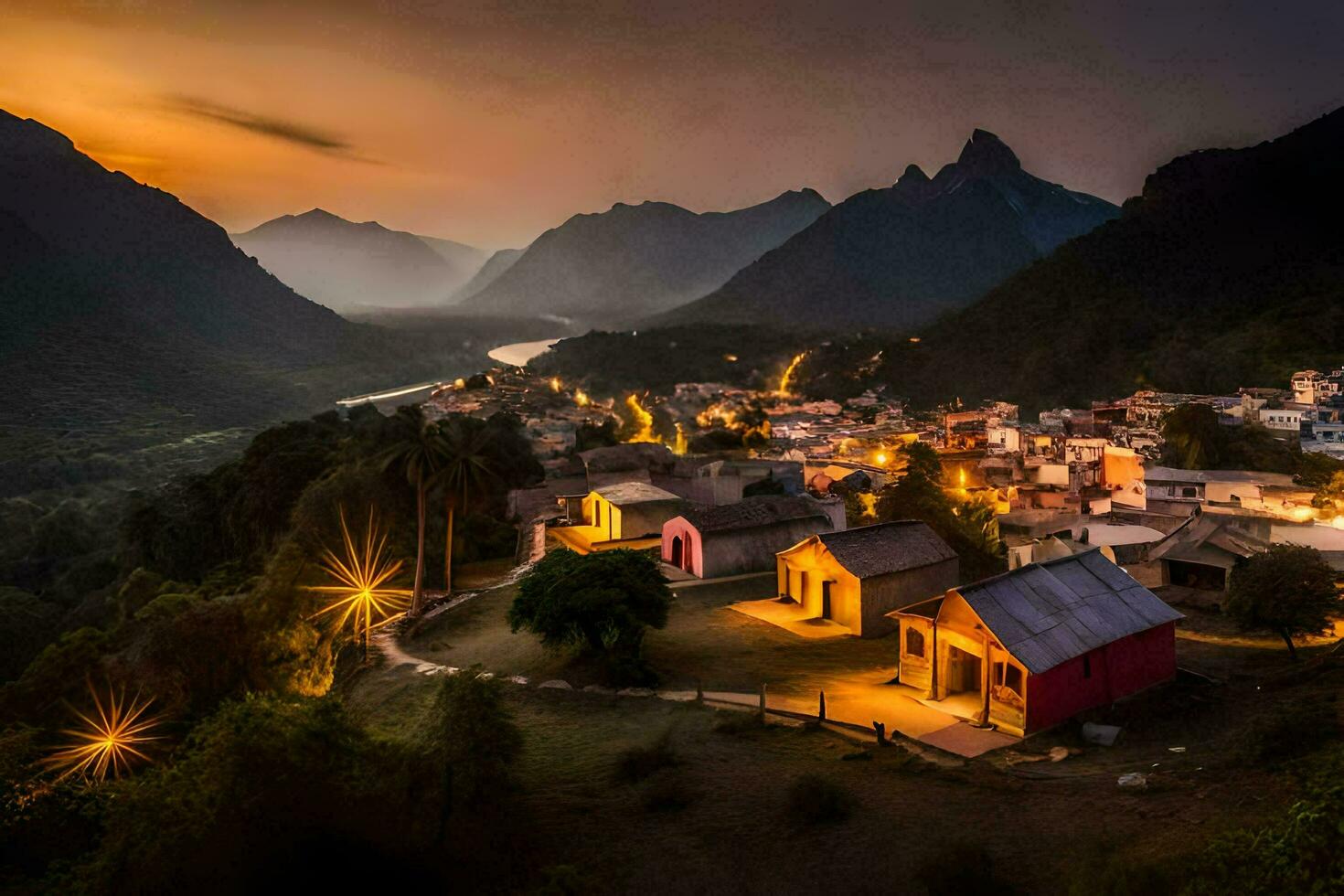 un pueblo en el montañas a oscuridad. generado por ai foto