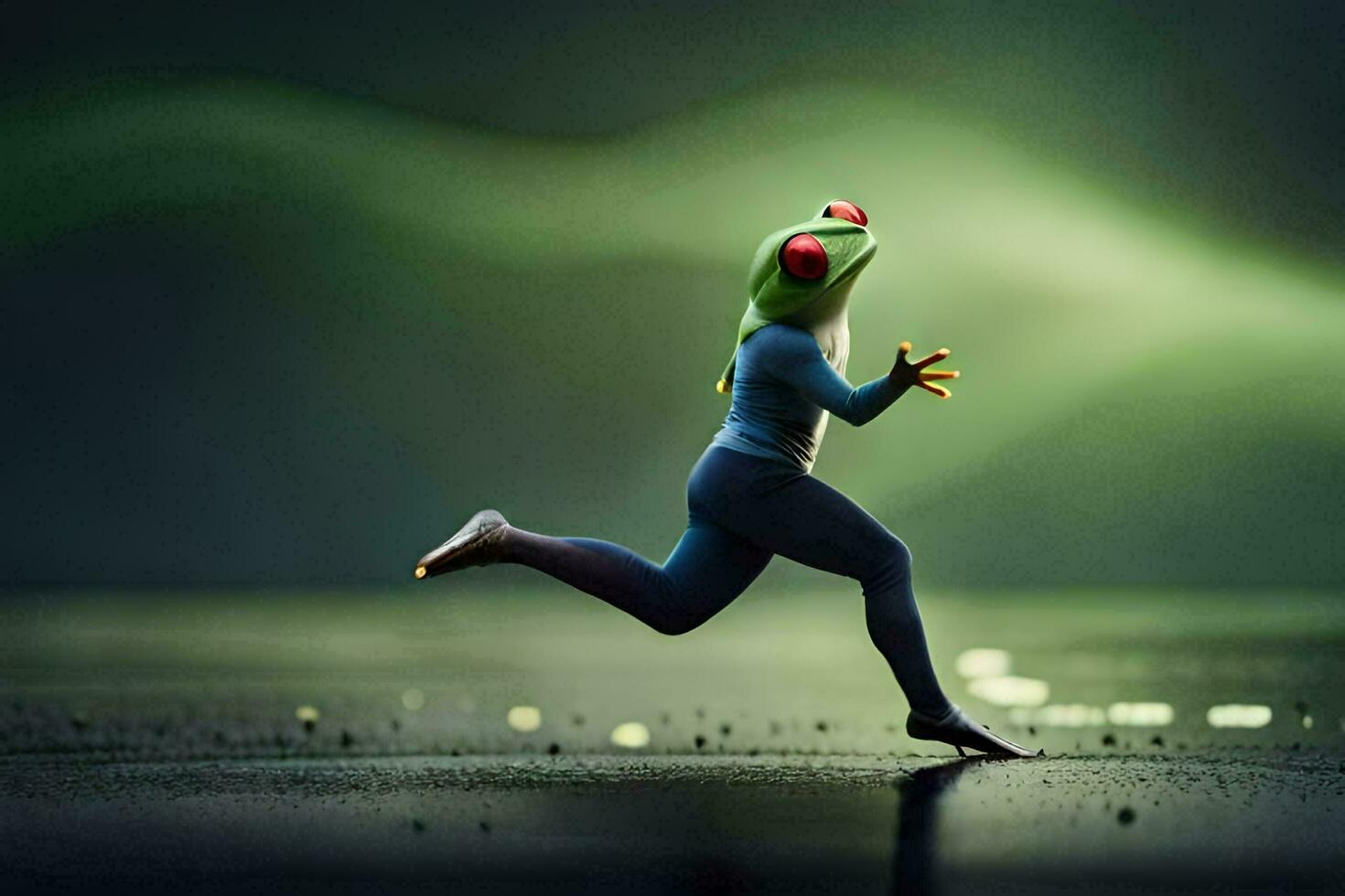a frog in a blue suit running. AI-Generated photo