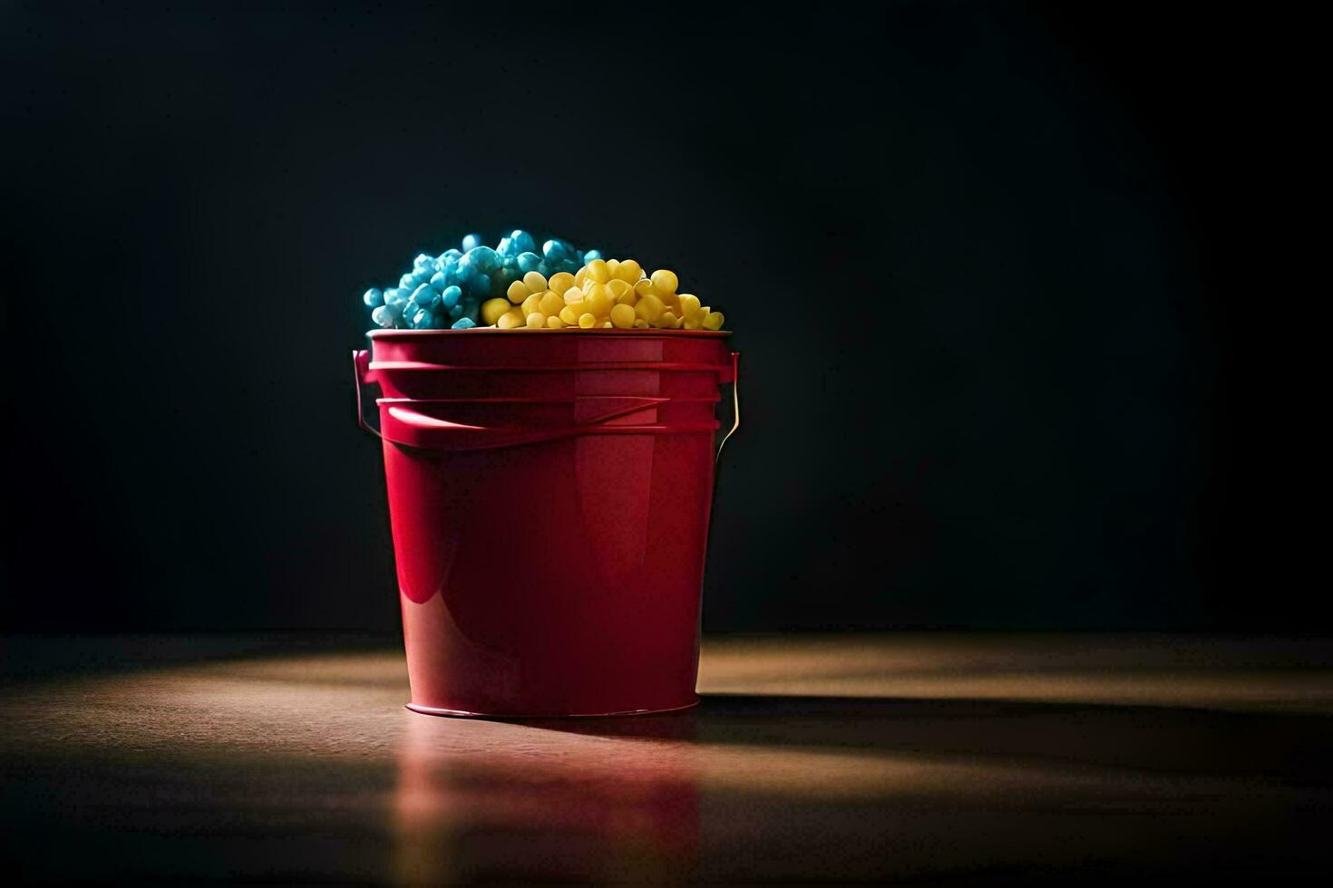 a red bucket filled with blue and yellow popcorn. AI-Generated photo