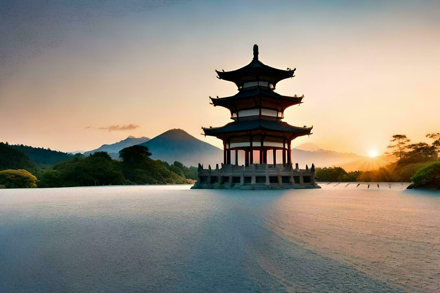 a pagoda stands in the middle of a lake at sunset. AI-Generated photo