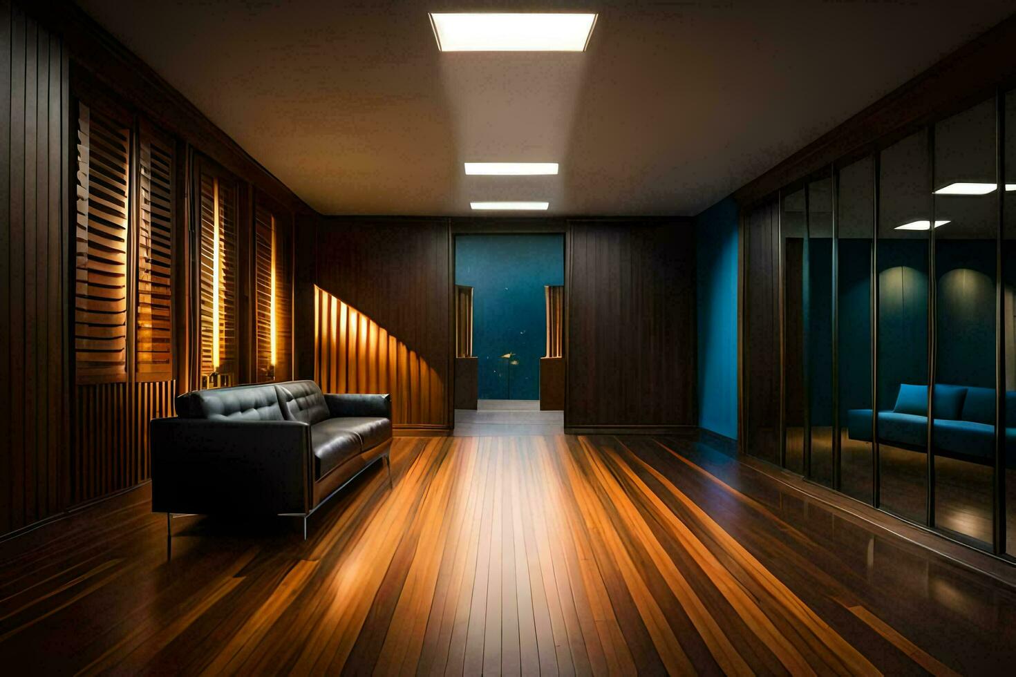 a room with wooden floors and a couch. AI-Generated photo