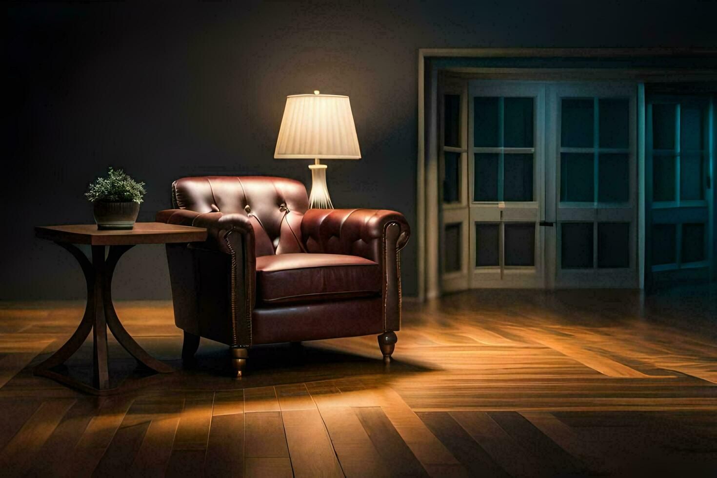 a chair and table in a dark room. AI-Generated photo