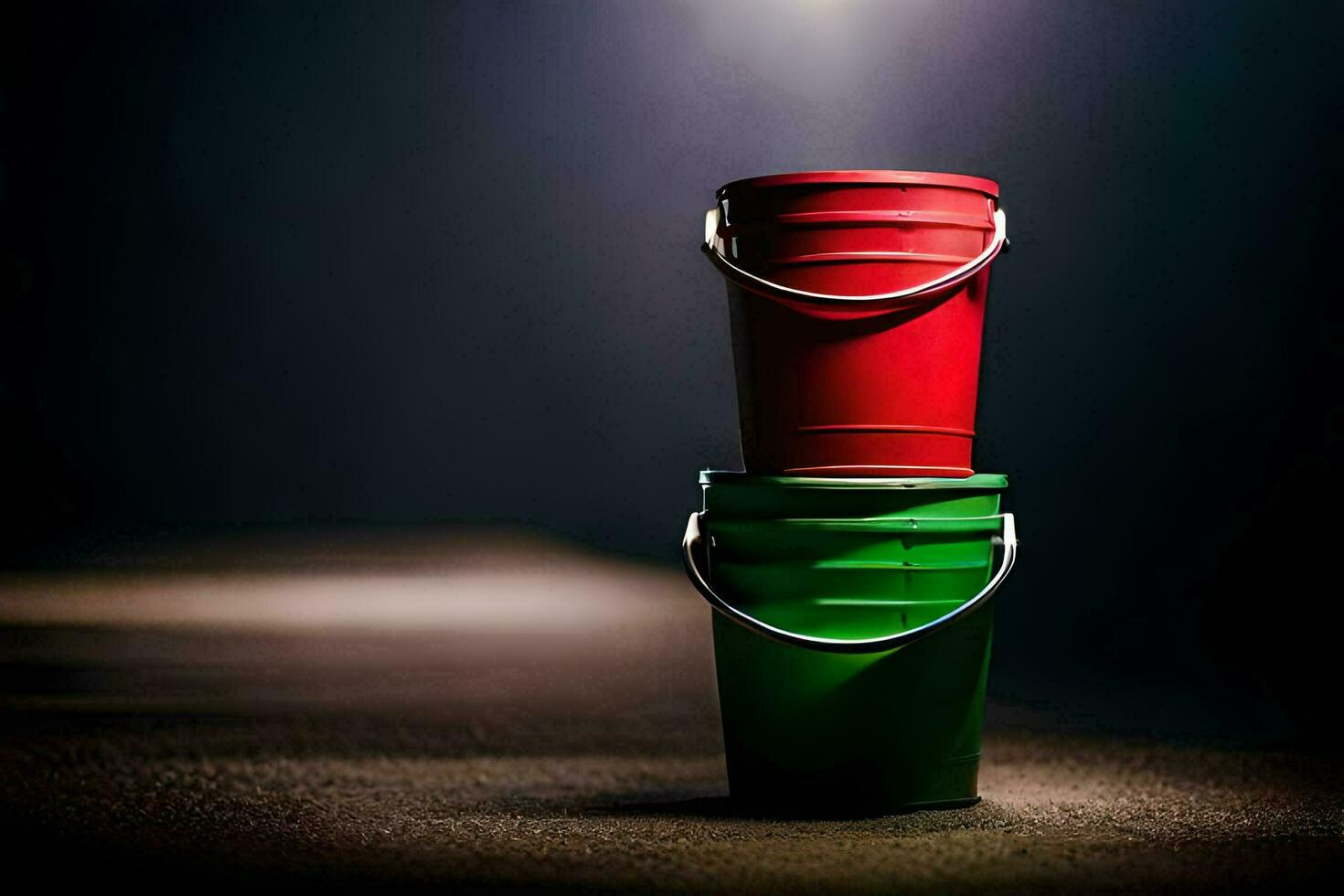 two red and green buckets on a dark floor. AI-Generated photo