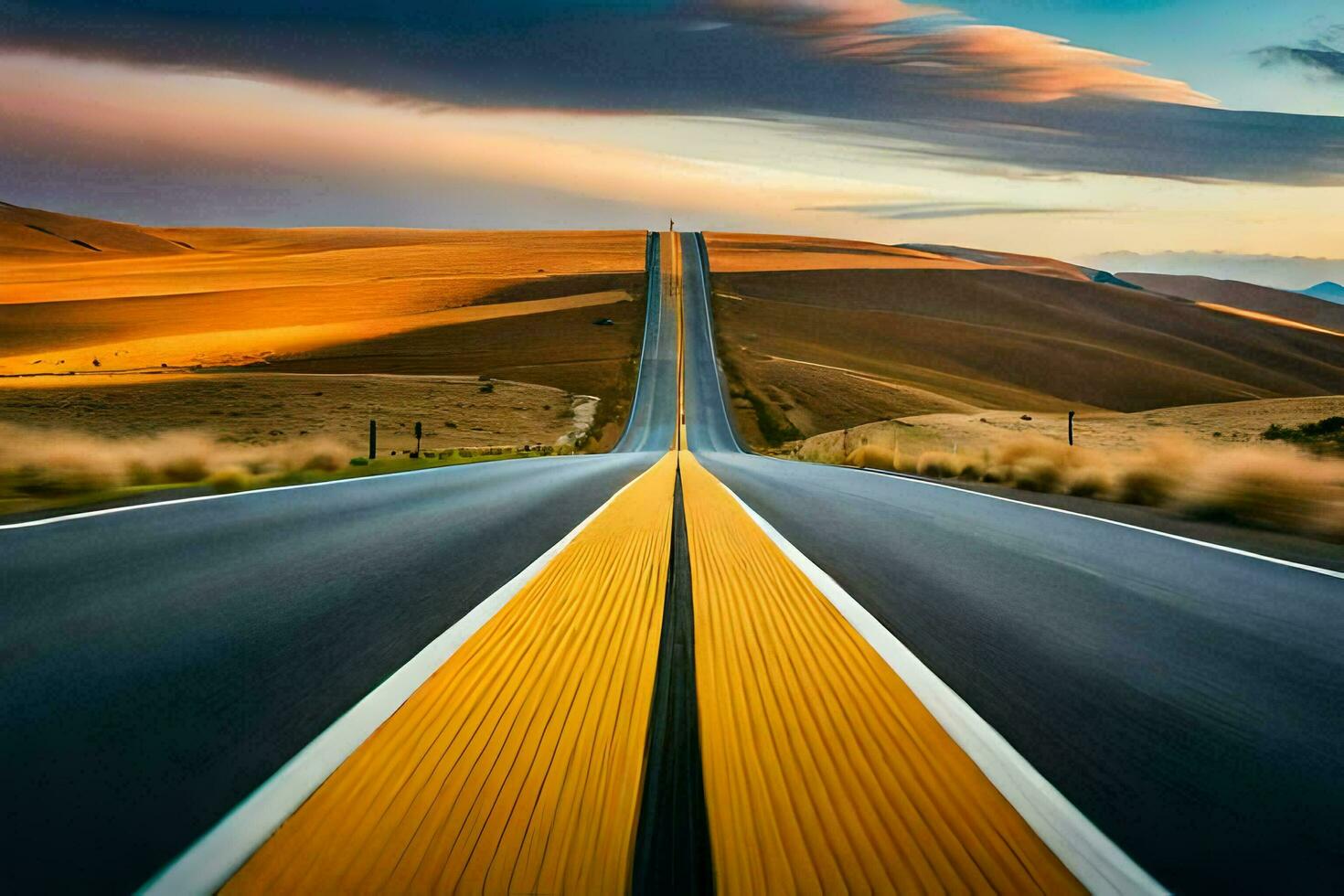 a long road with yellow lines and a sunset. AI-Generated photo