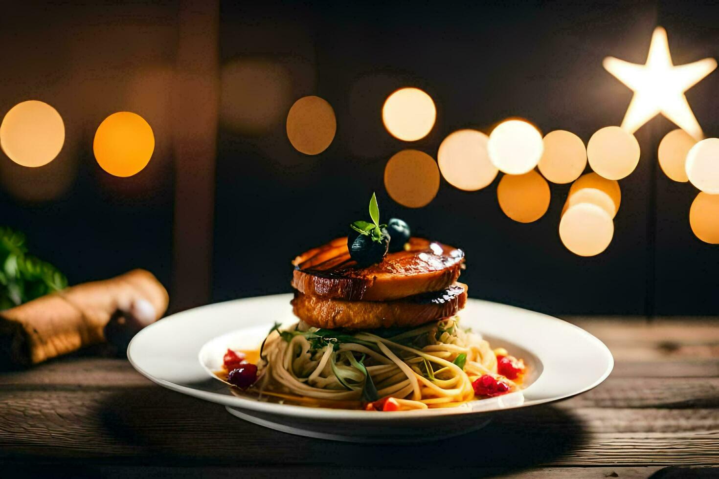 a plate of food with spaghetti and meat on a wooden table. AI-Generated photo