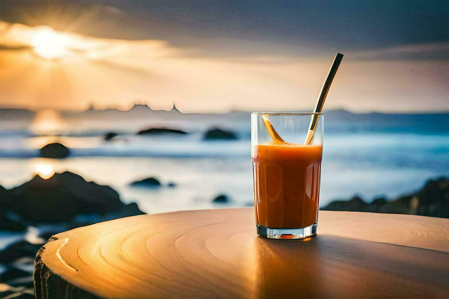 a glass of orange juice on a table in front of the ocean. AI-Generated photo