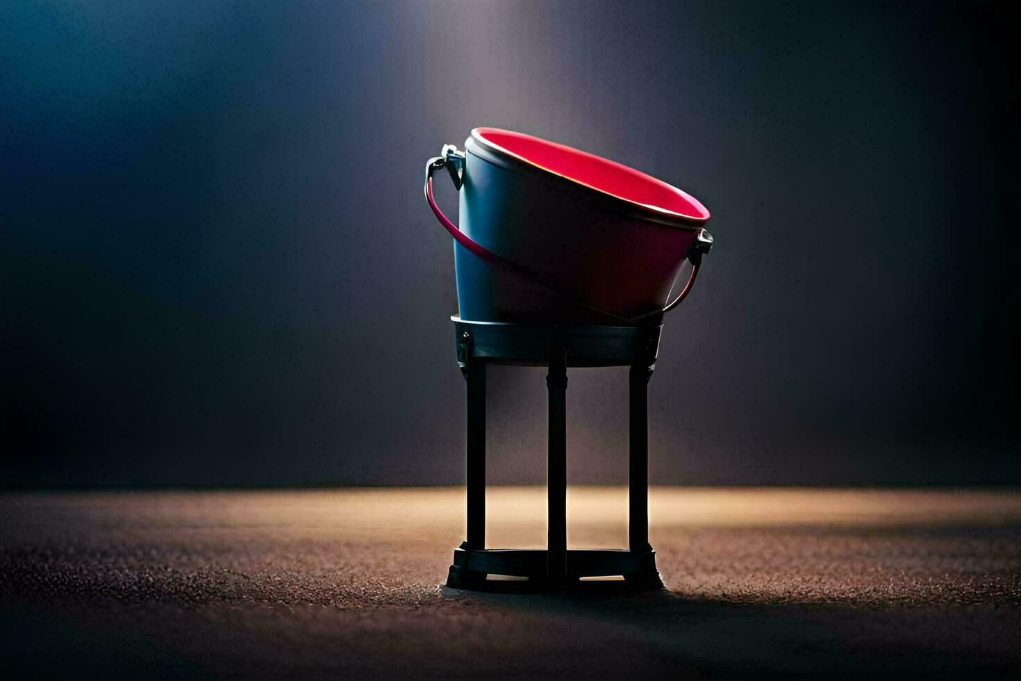 a red bucket with a black handle on a dark floor. AI-Generated photo