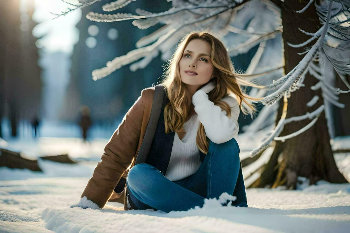a woman sitting in the snow near trees. AI-Generated photo