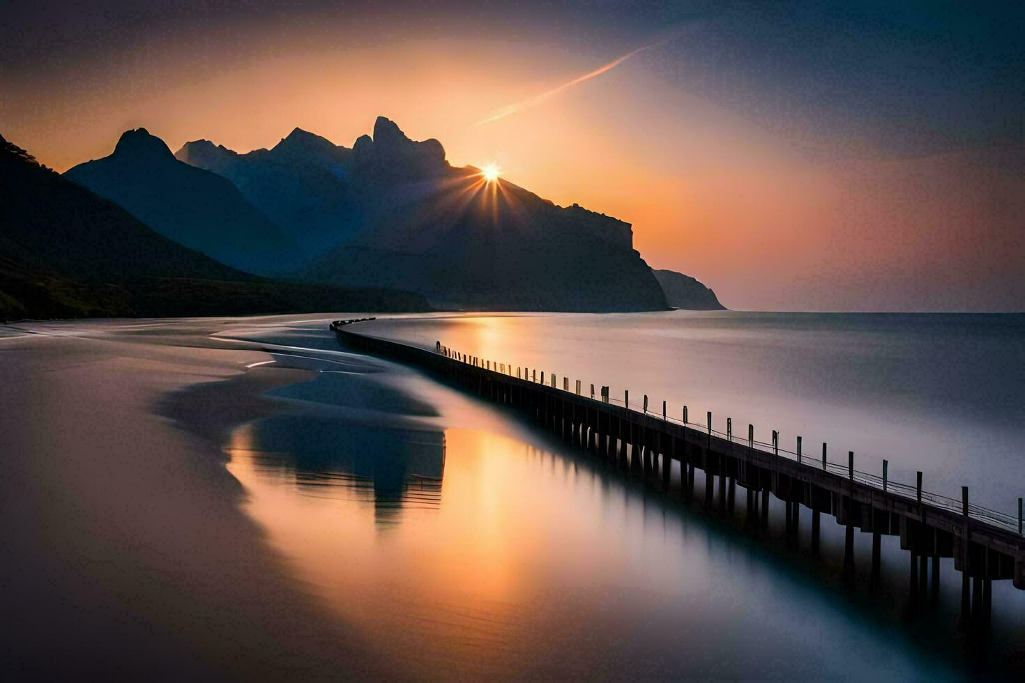 the sun rises over a pier and mountains. AI-Generated photo