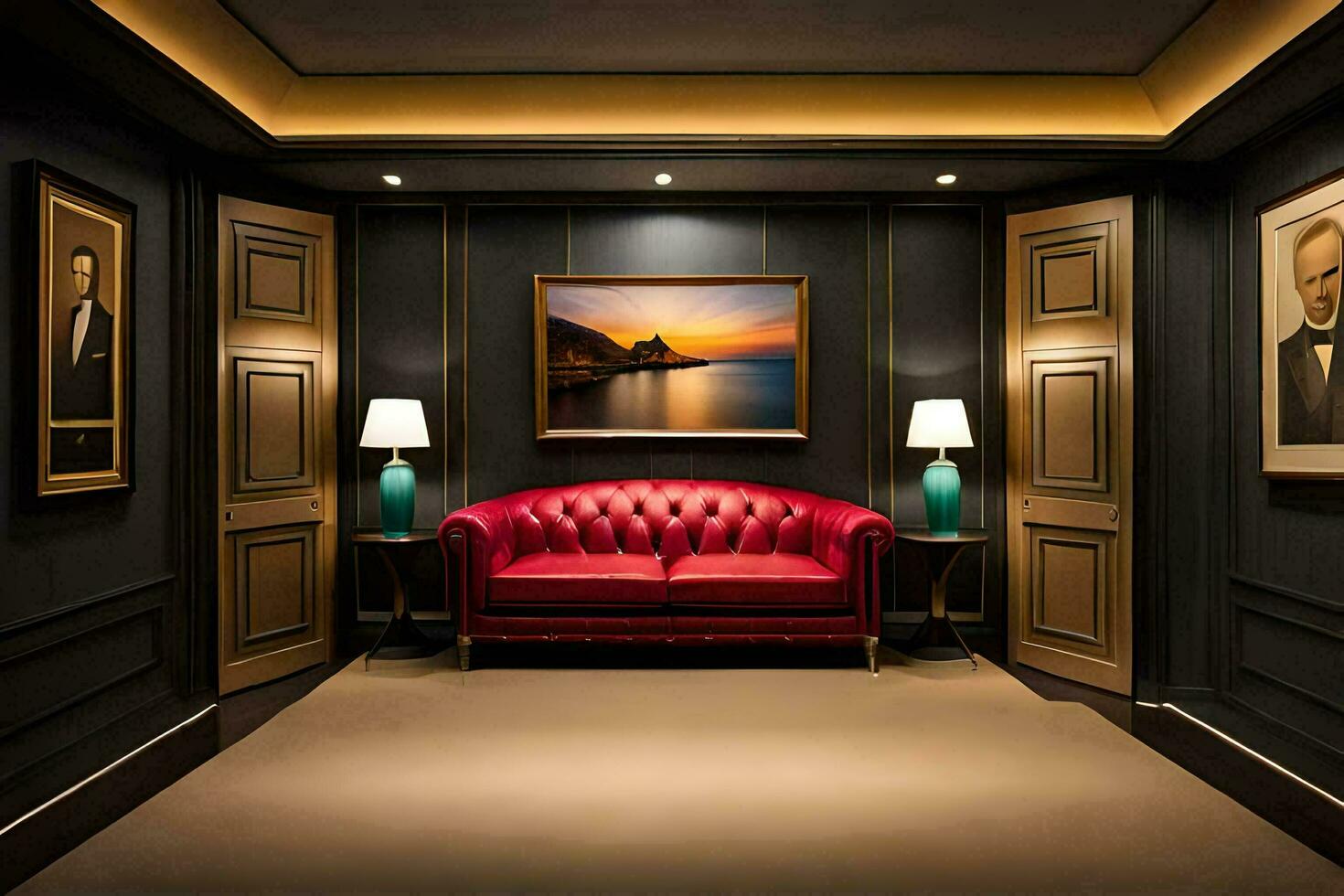 a red couch sits in a room with black walls and a painting on the wall. AI-Generated photo