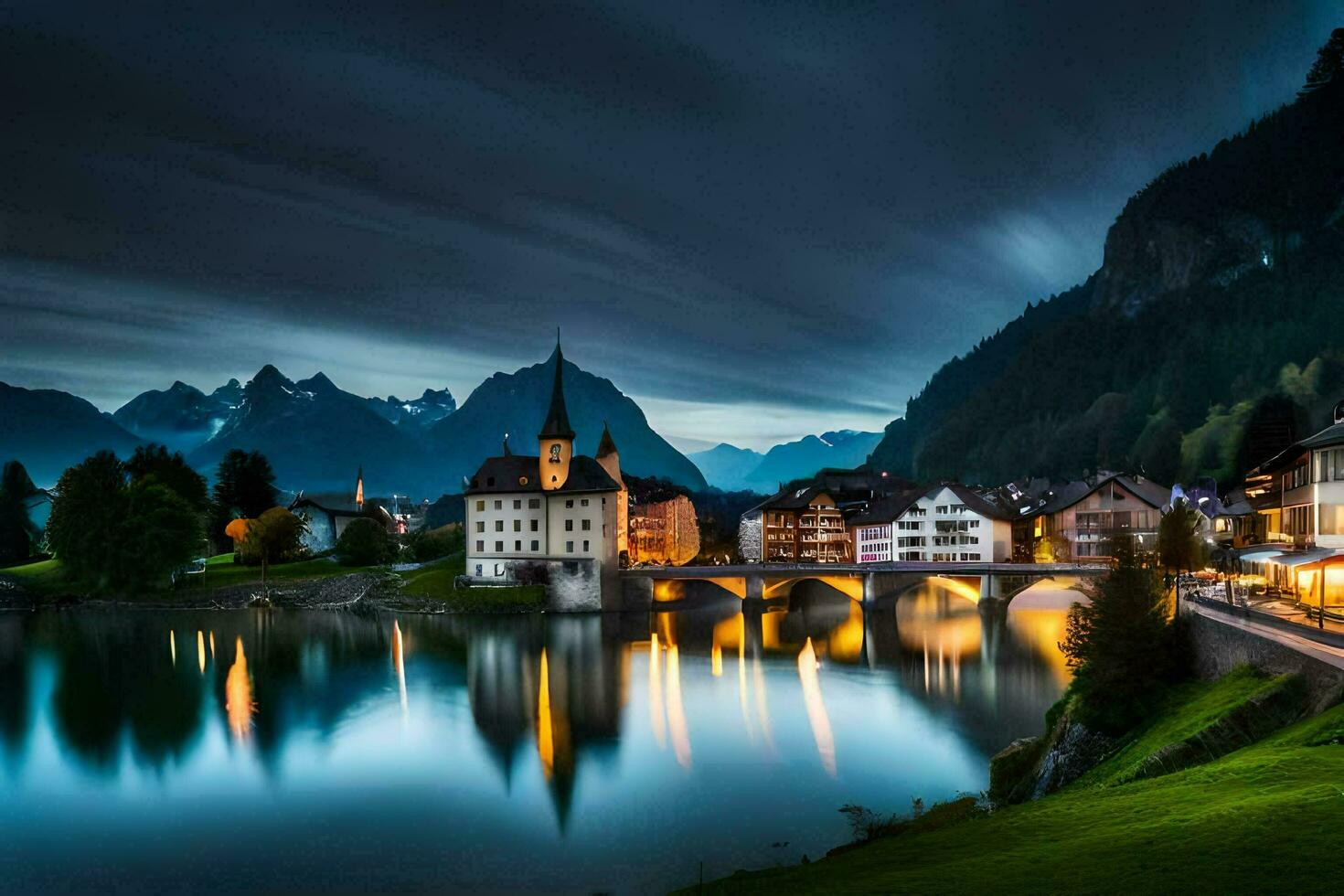 photo wallpaper the sky, mountains, lake, town, bridge, house, house, house,. AI-Generated