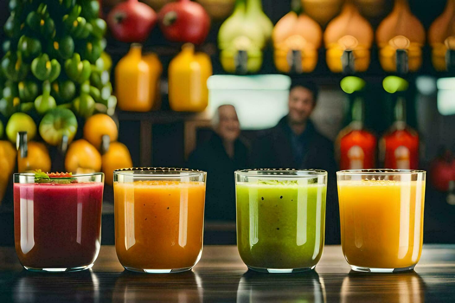 five different colored juices are lined up on a bar. AI-Generated photo