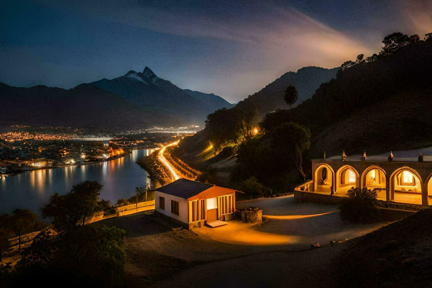 un pequeño capilla se sienta en el lado de un colina con vista a un río. generado por ai foto