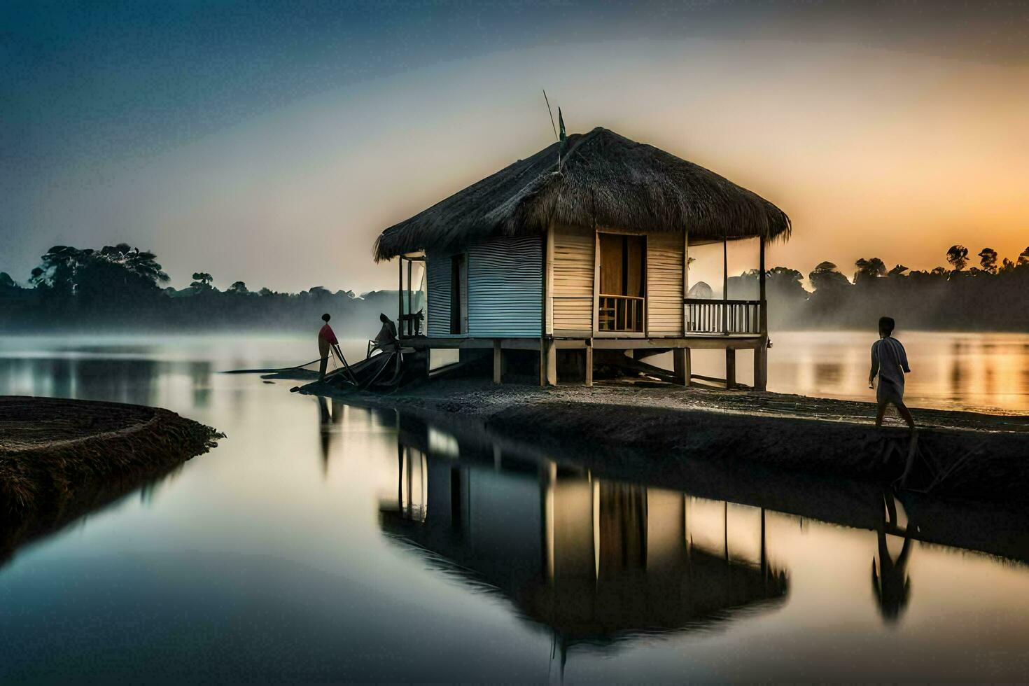 un pequeño choza se sienta en el apuntalar de un lago a amanecer. generado por ai foto