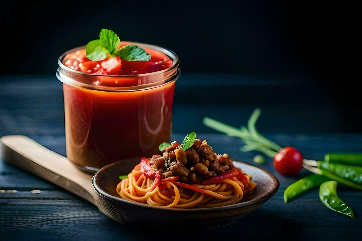 spaghetti with tomato sauce and meat in a jar. AI-Generated photo