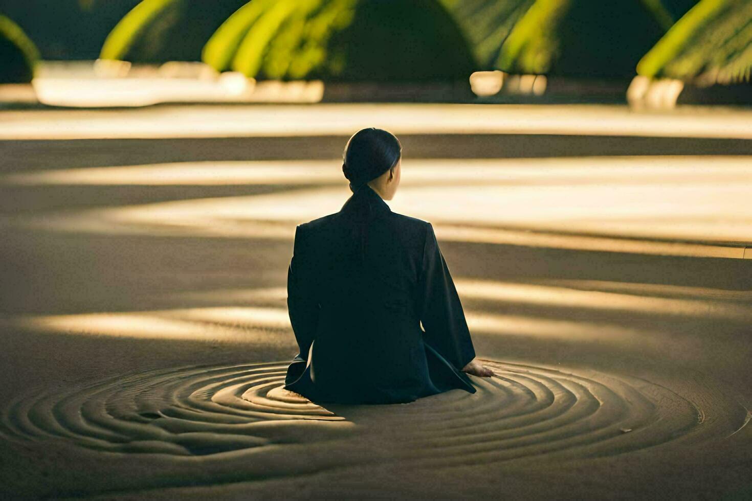 a woman sitting in the middle of a circular garden. AI-Generated photo