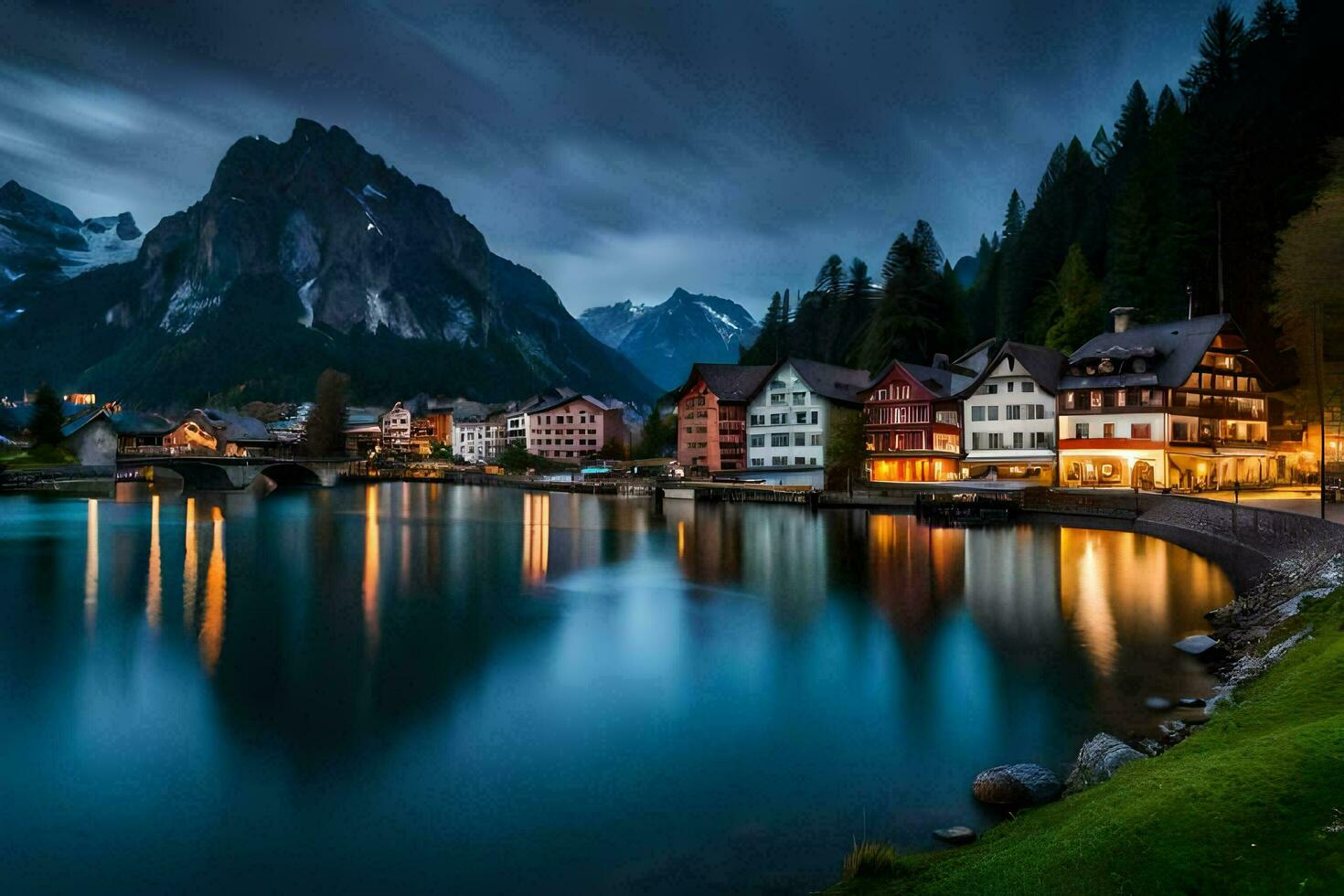 photo wallpaper the sky, mountains, lake, town, house, house, house, house,. AI-Generated