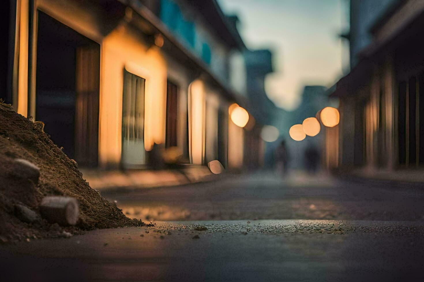 un calle con un pila de suciedad en el medio. generado por ai foto