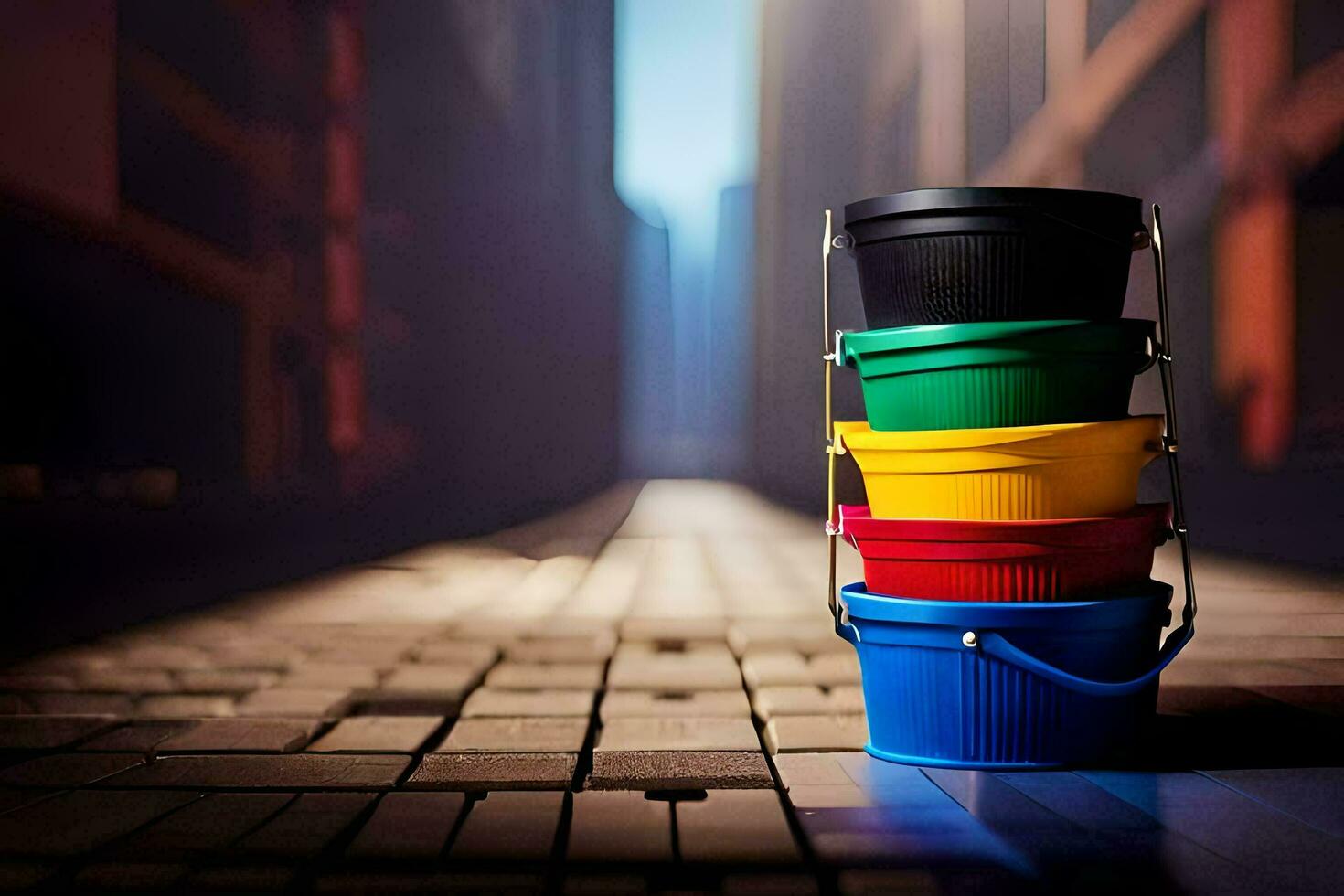 a stack of colorful buckets on a brick street. AI-Generated photo