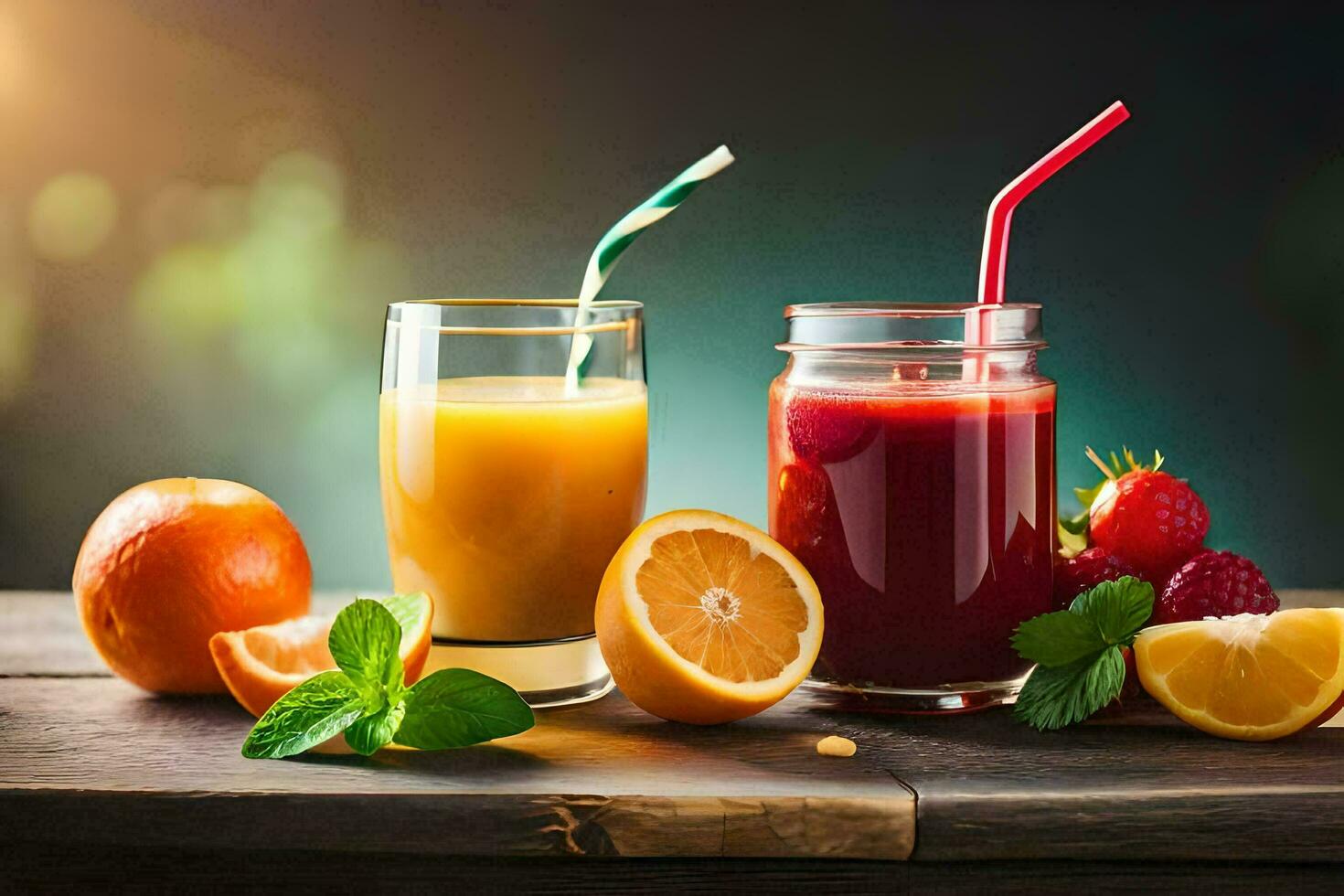 two glasses of juice with fruit and berries. AI-Generated photo