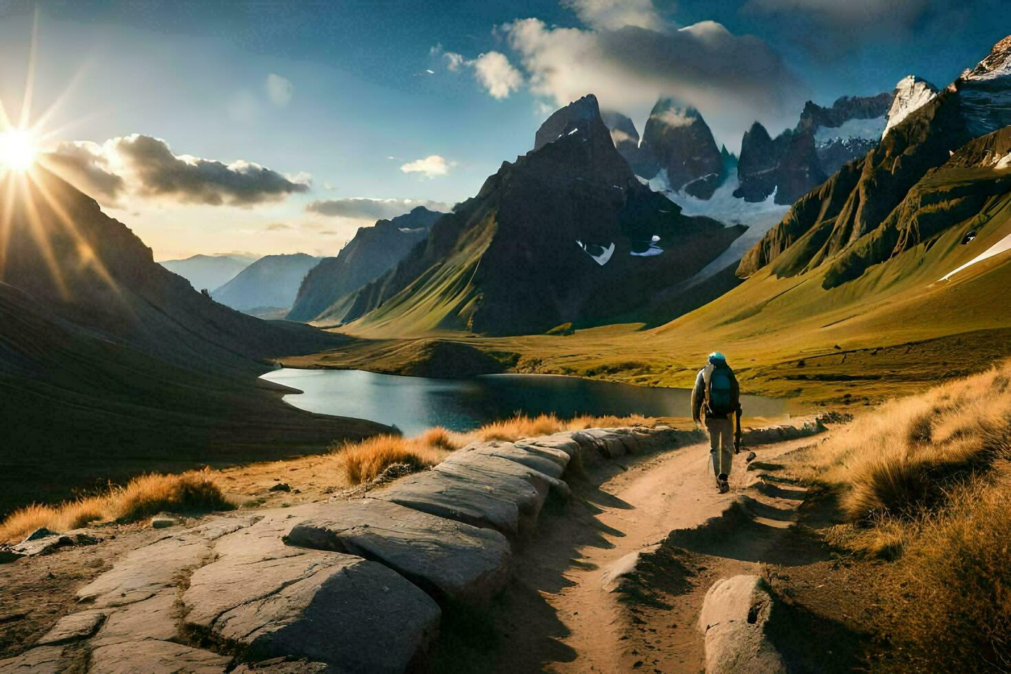 the person is walking on the path in the mountains. AI-Generated photo