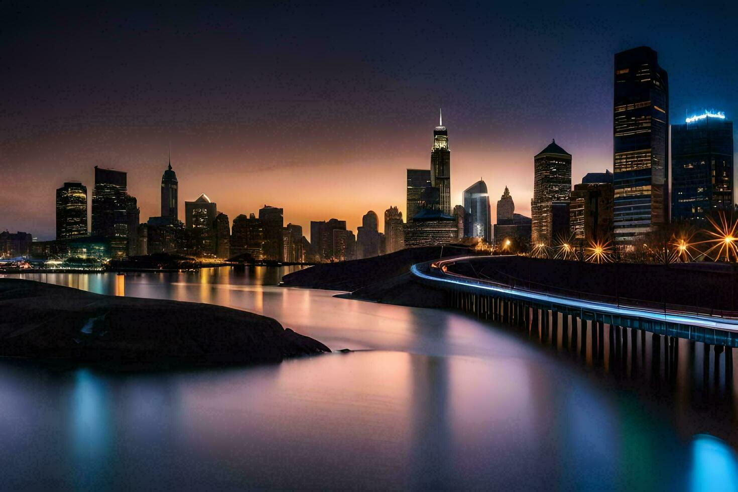 the city skyline at night with a river and bridge. AI-Generated photo