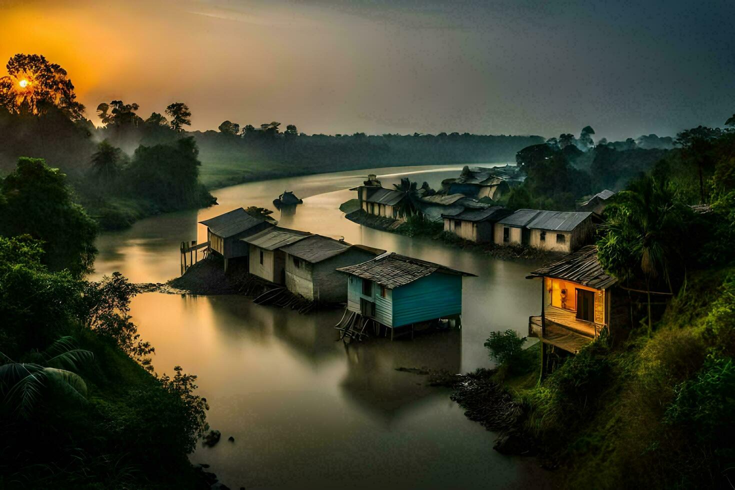a river with houses on it at sunset. AI-Generated photo