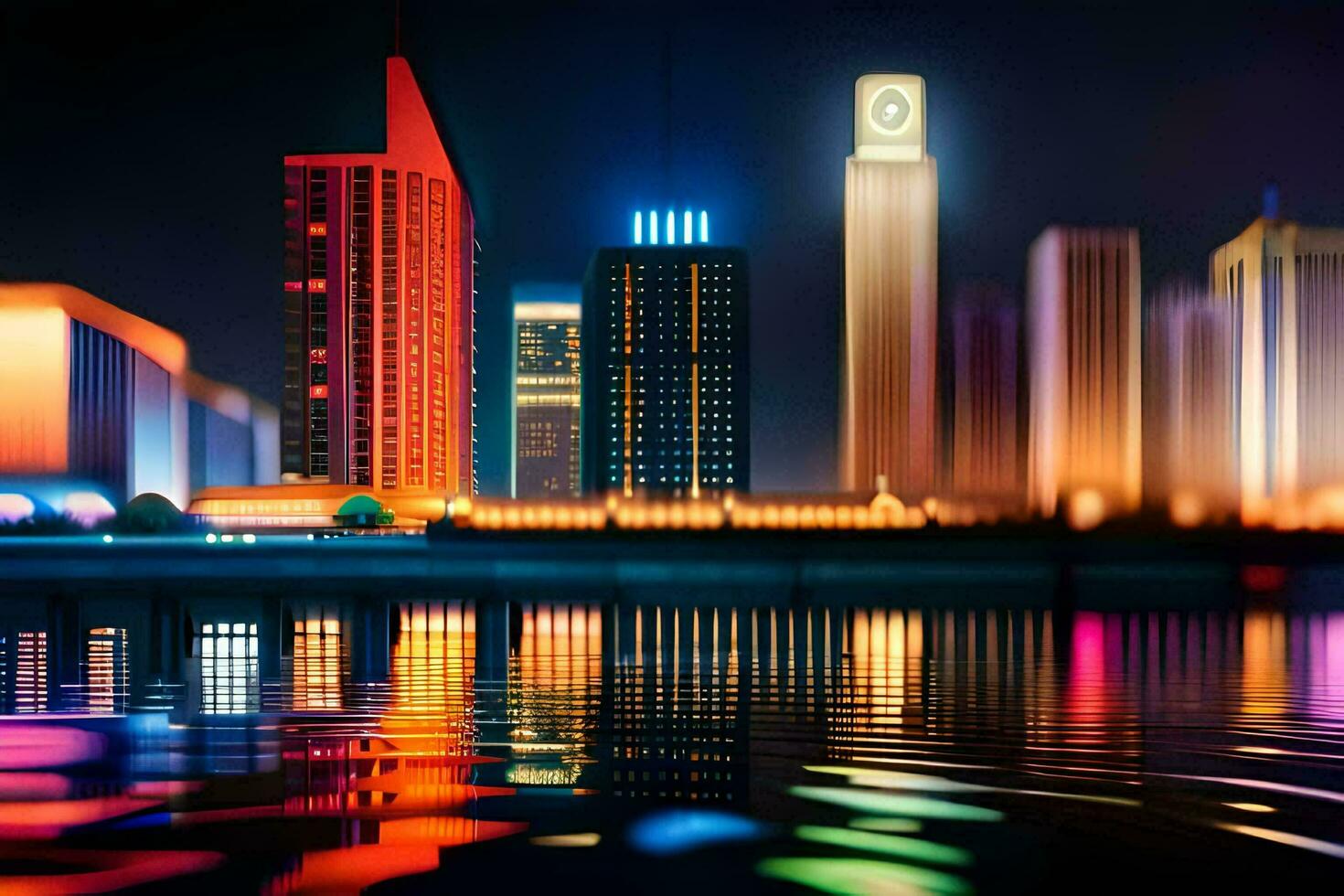a city at night with lights reflecting off the water. AI-Generated photo