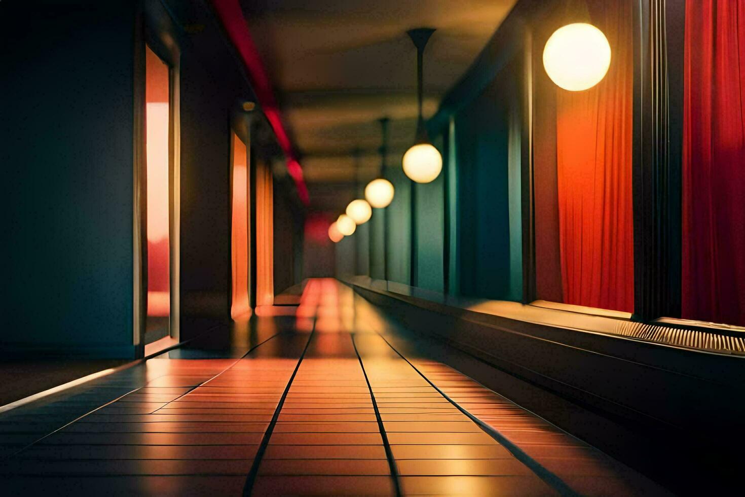 un largo pasillo con luces y rojo cortinas generado por ai foto