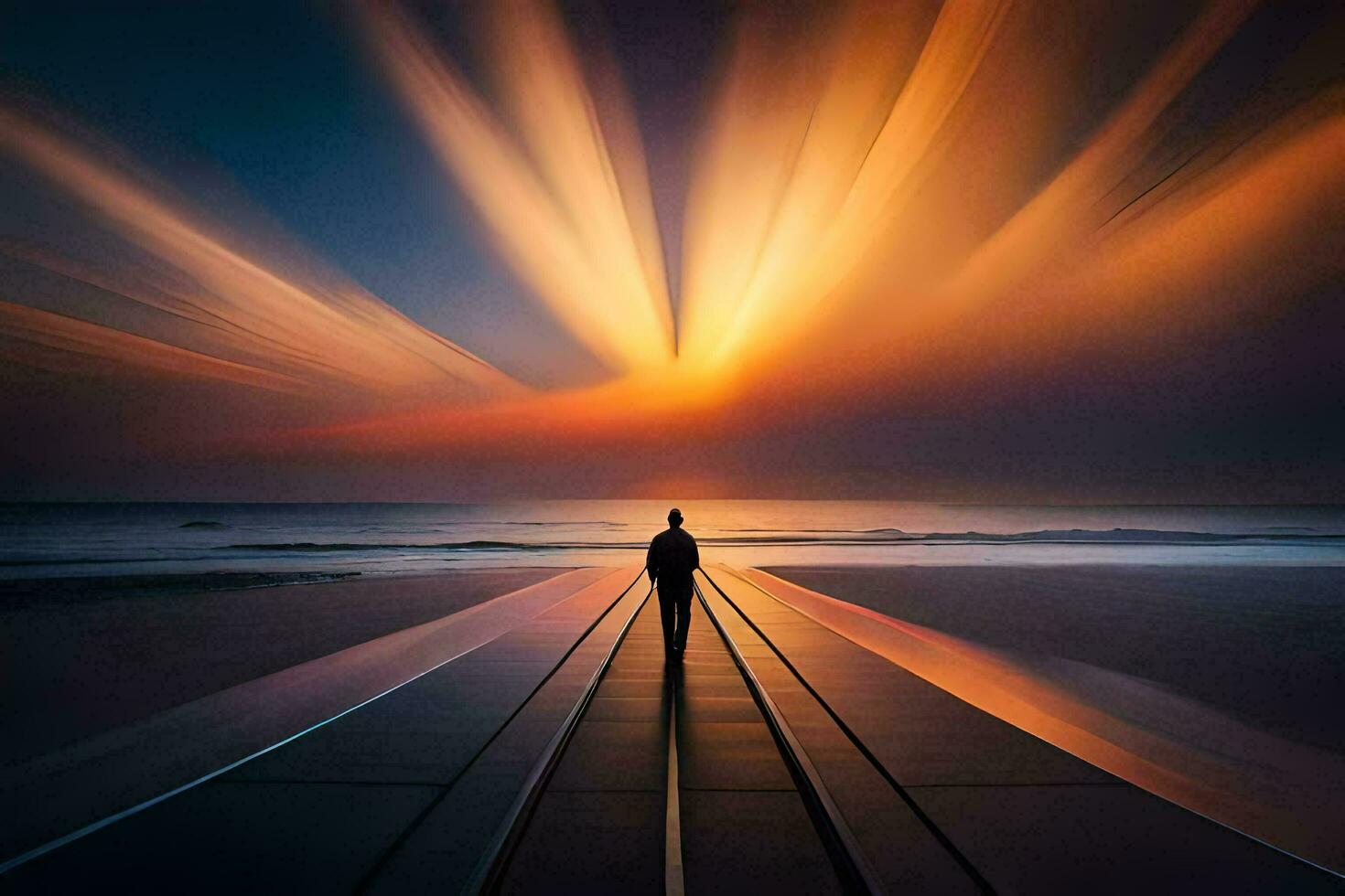 a man stands on a pier looking at the sun. AI-Generated photo