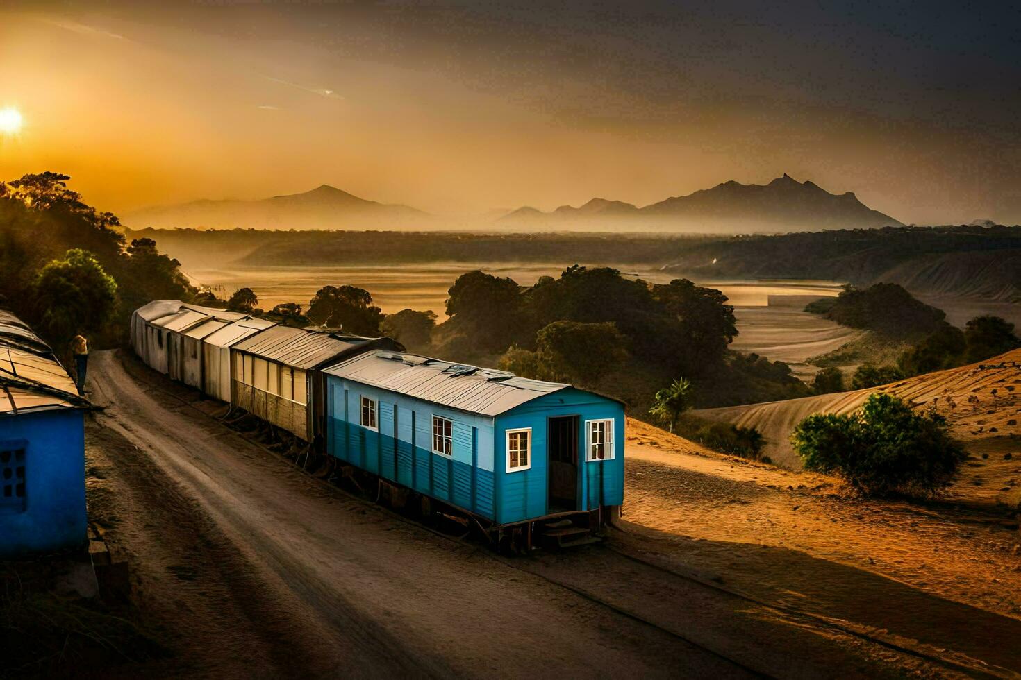 a train traveling through the countryside at sunset. AI-Generated photo