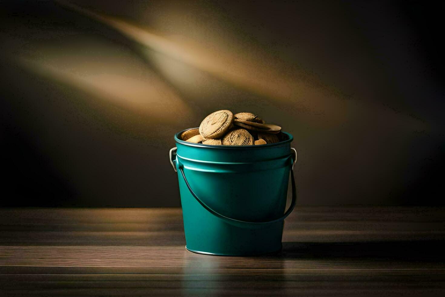 a bucket of cookies on a wooden table. AI-Generated photo