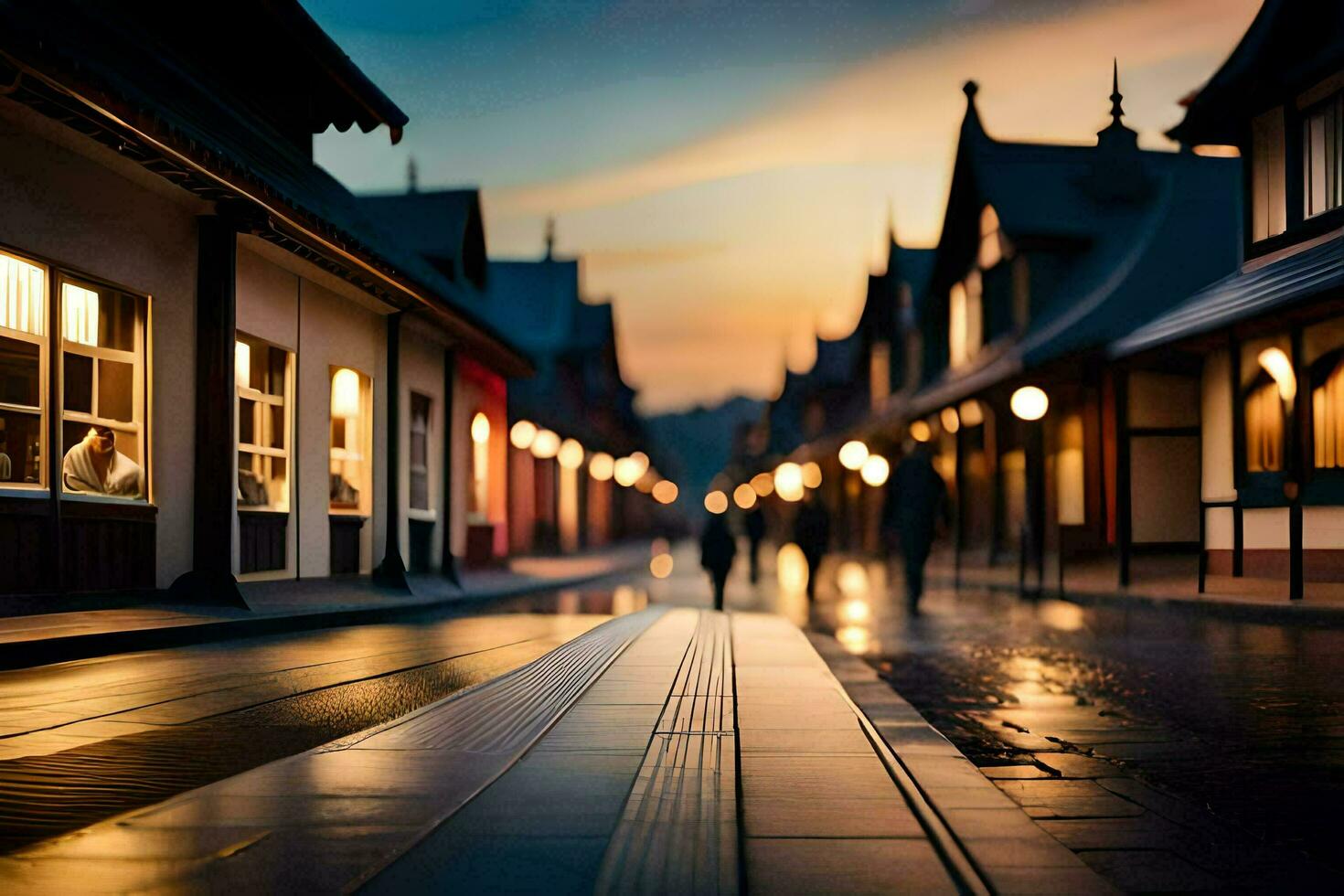 a street at dusk with people walking on it. AI-Generated photo