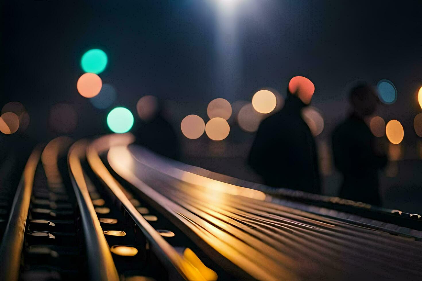 people walking on a train track at night. AI-Generated photo