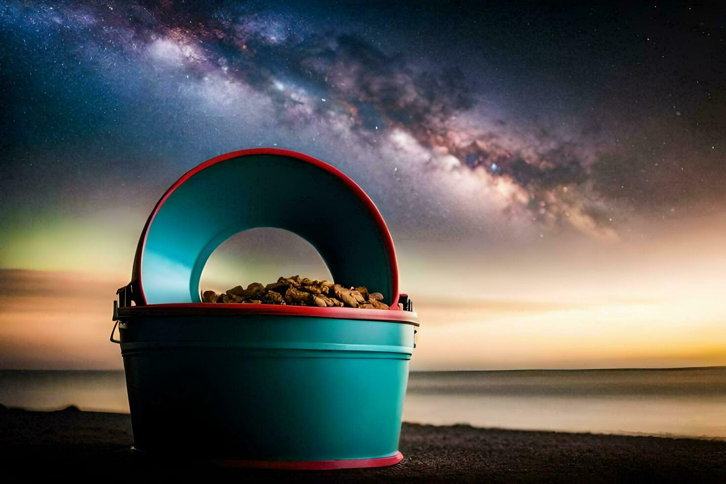 a bucket of peanuts on the beach. AI-Generated photo