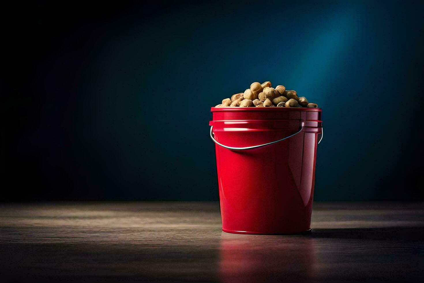 a red bucket filled with peanuts on a wooden table. AI-Generated photo