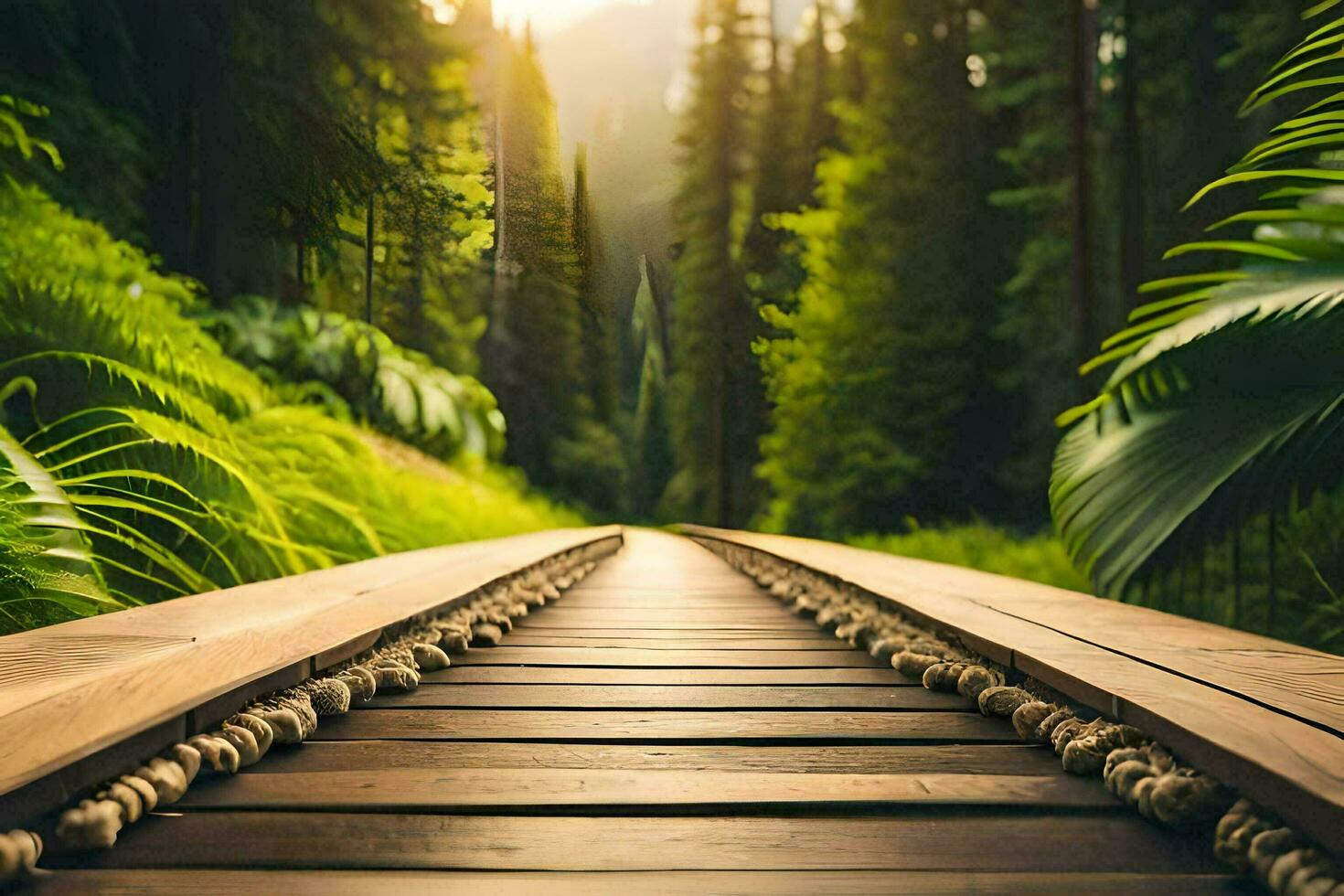 a wooden path in the middle of a forest. AI-Generated photo