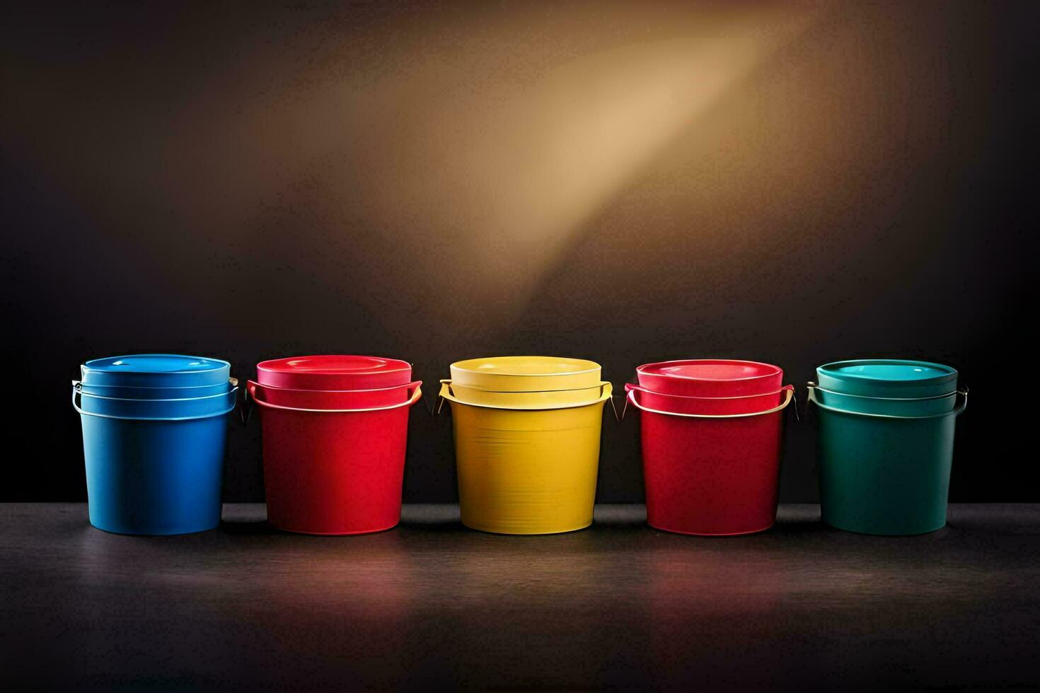 five colorful buckets on a dark background. AI-Generated photo