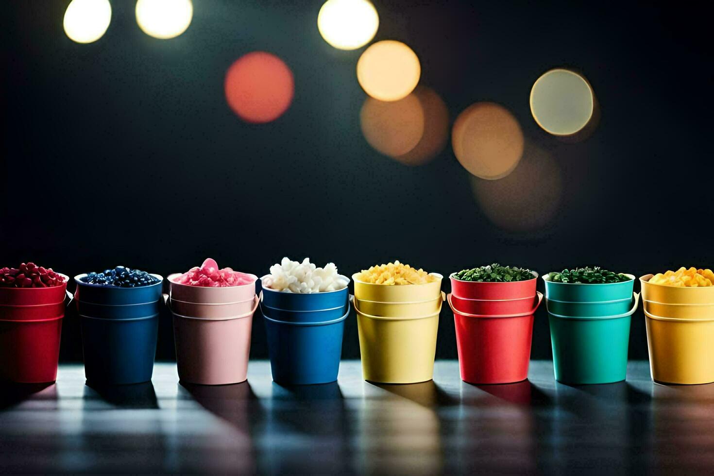 un fila de vistoso tazas con diferente de colores polvos. generado por ai foto