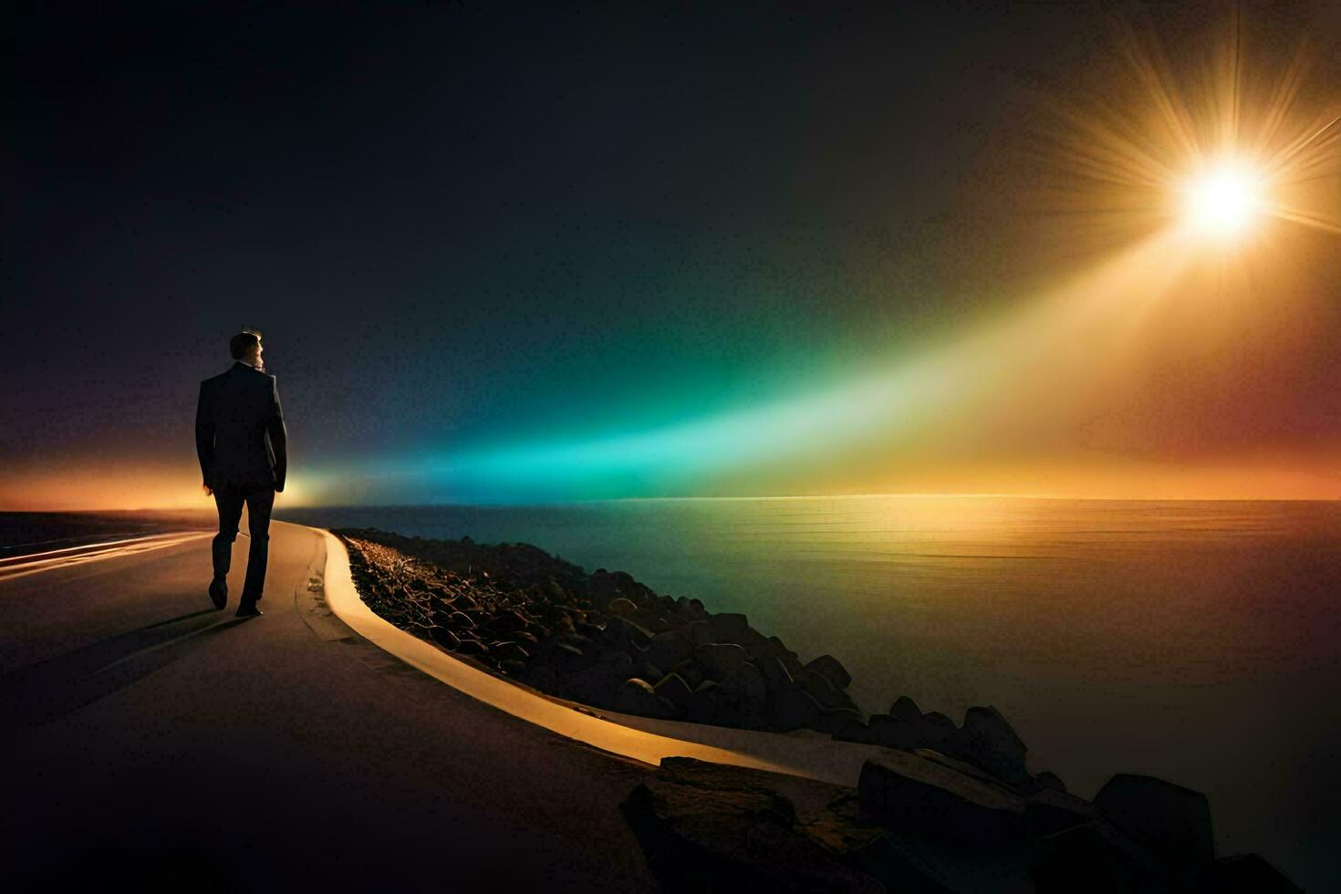 a man stands on the edge of a road looking at the ocean. AI-Generated photo