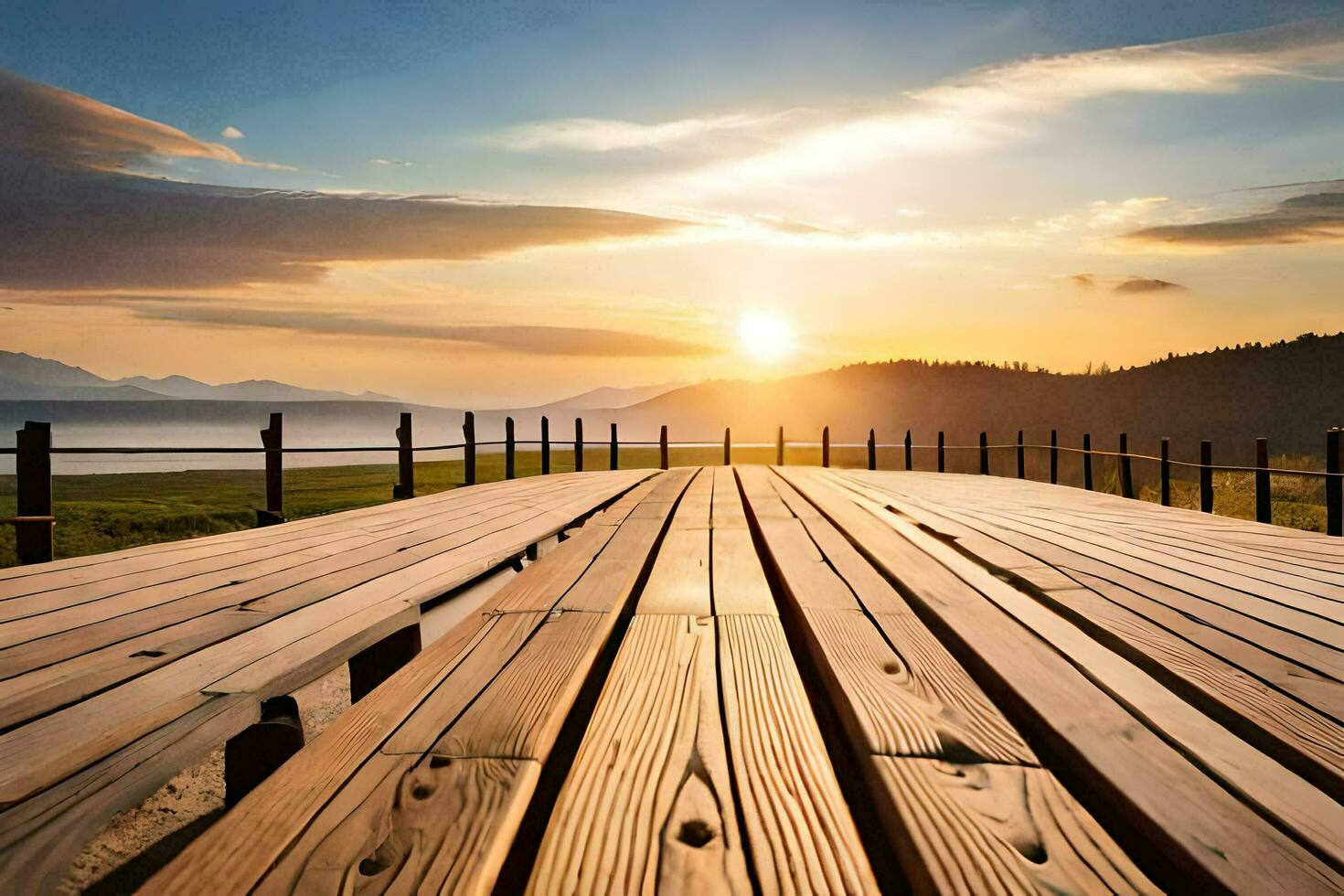 a wooden boardwalk leads to the sunset. AI-Generated photo