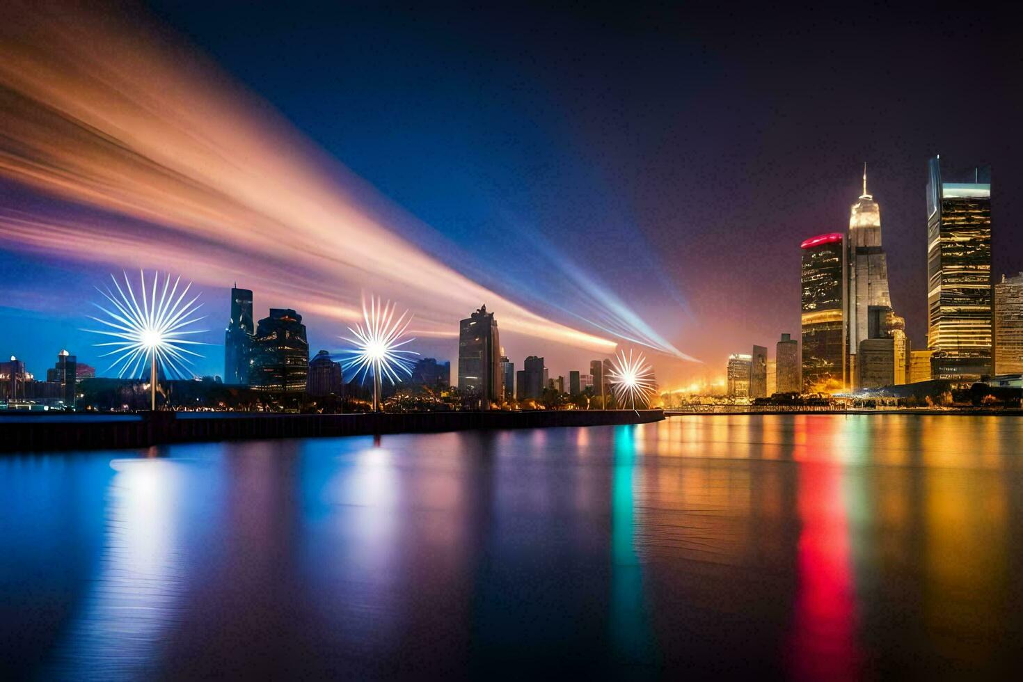 the city skyline at night with lights shining. AI-Generated photo